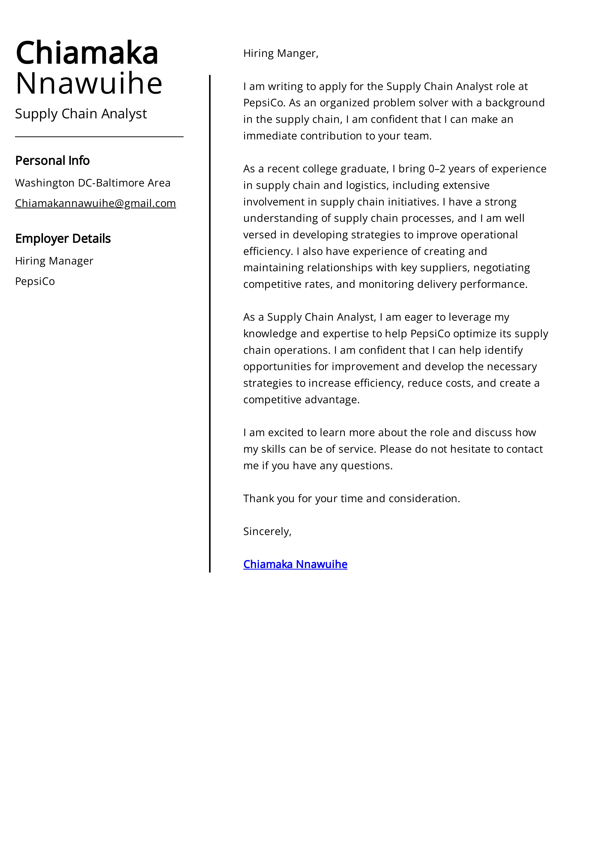 PepsiCo Supply Chain Analyst Cover Letter — page 1