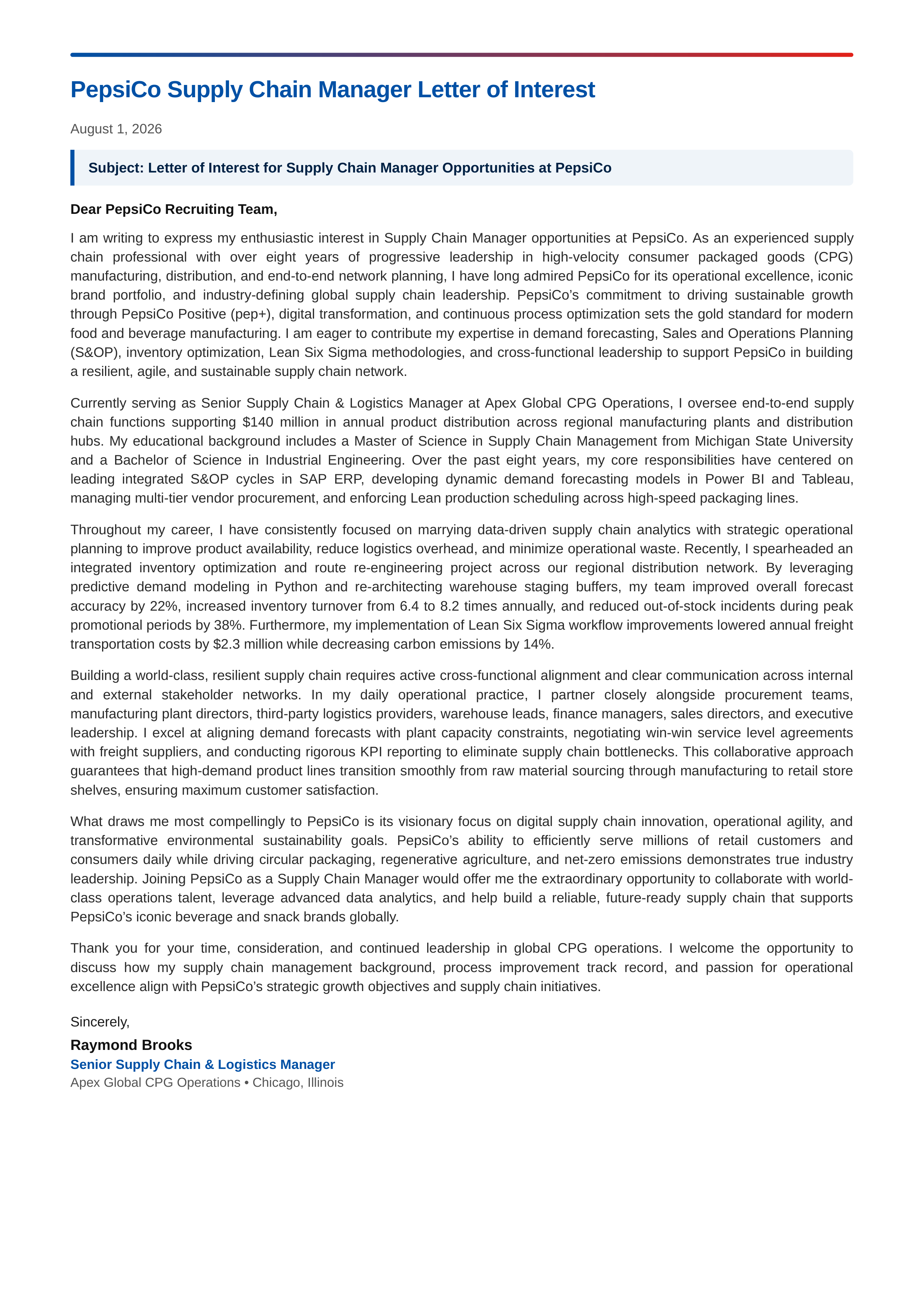 PepsiCo Supply Chain Manager Letter of Interest — page 1