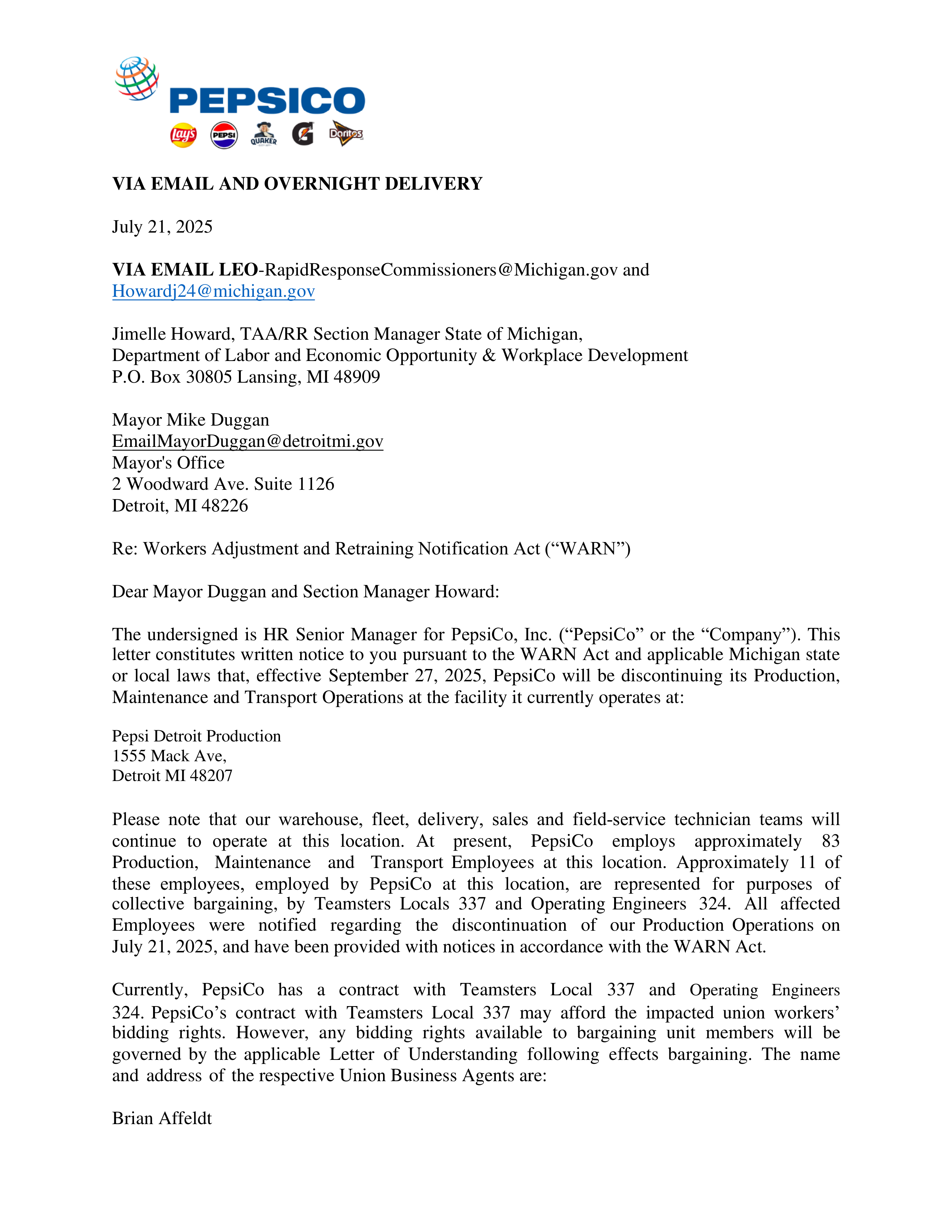 PepsiCo WARN Notice — page 1