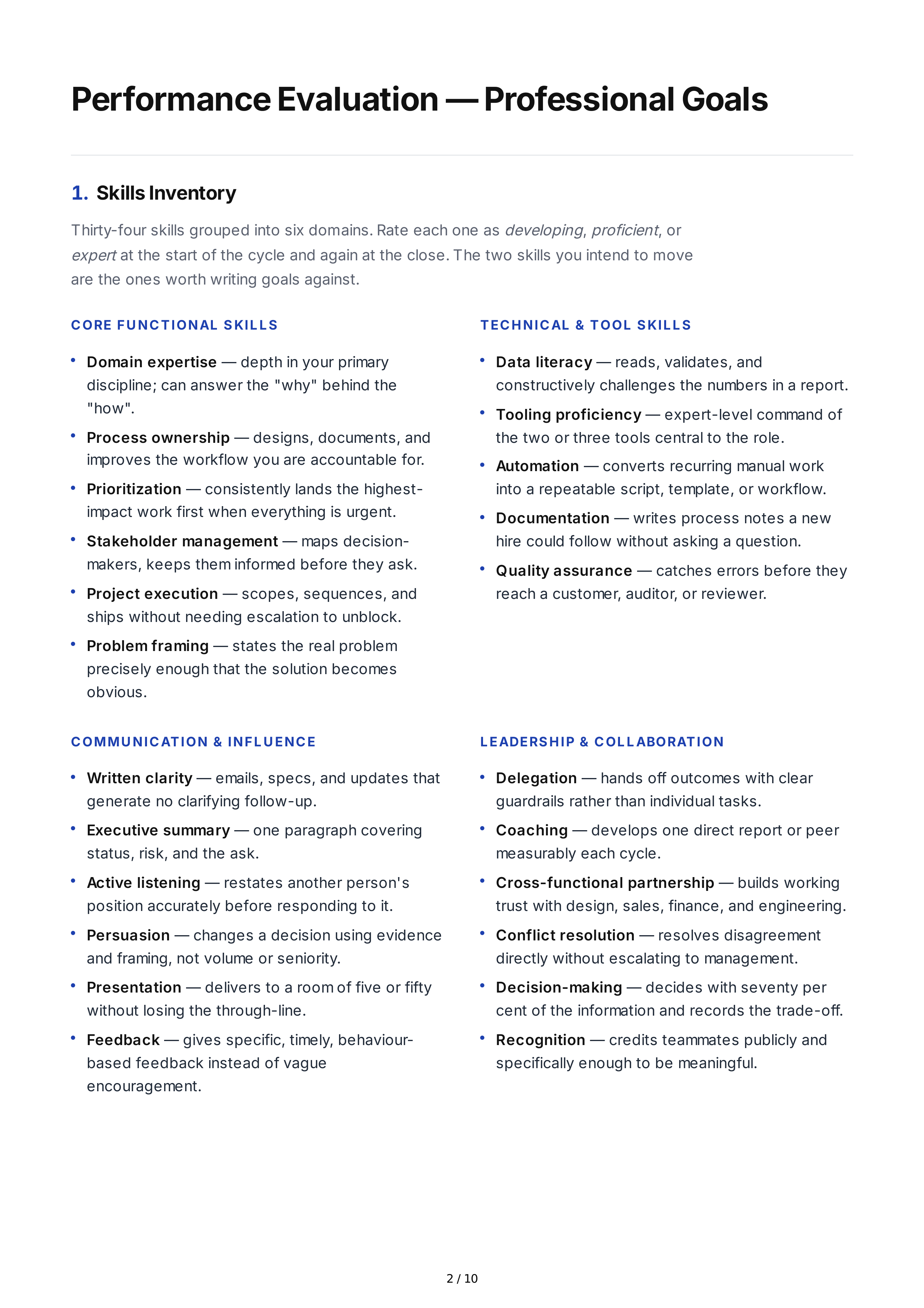 Performance Evaluation Professional Goals — page 2