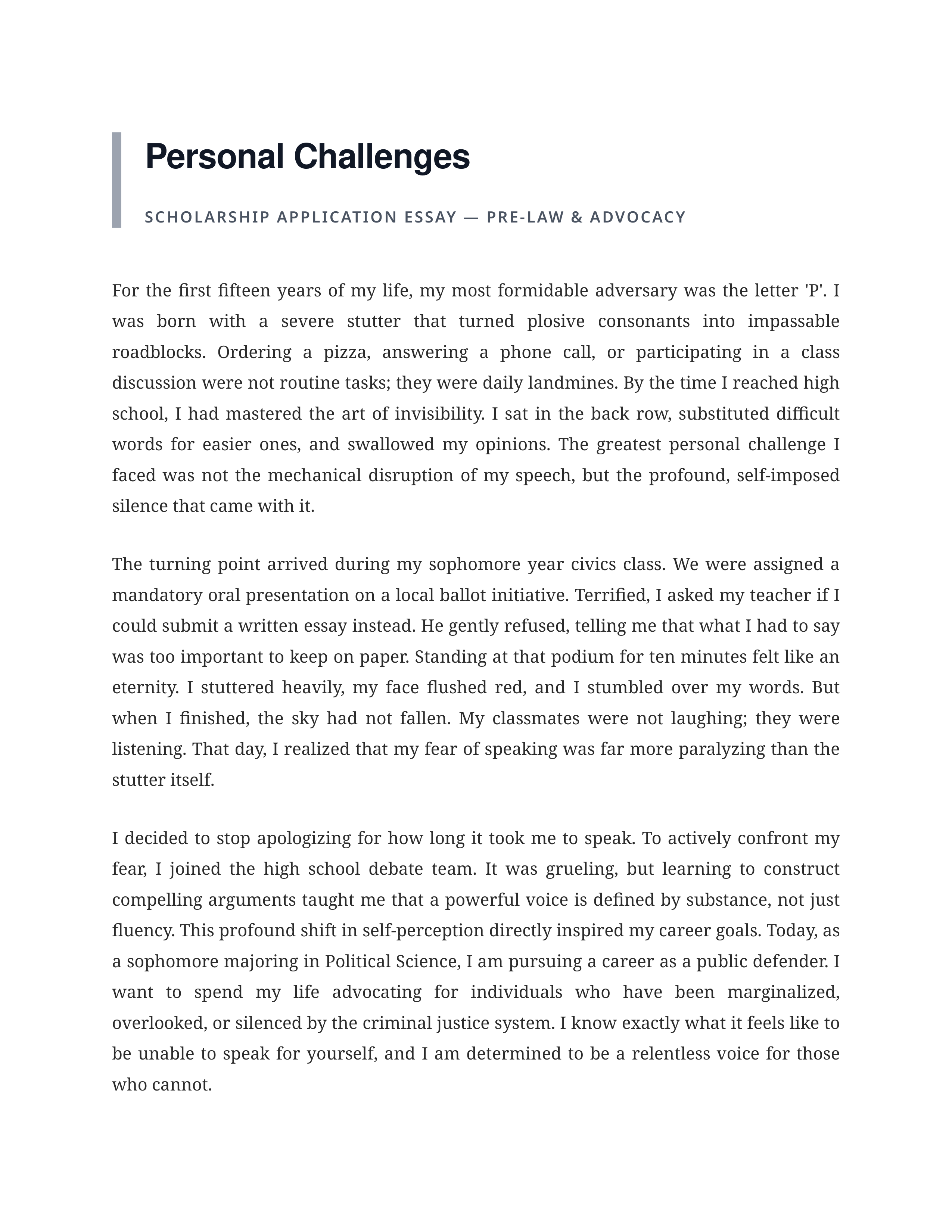 Personal Challenges Scholarship Essay — page 1