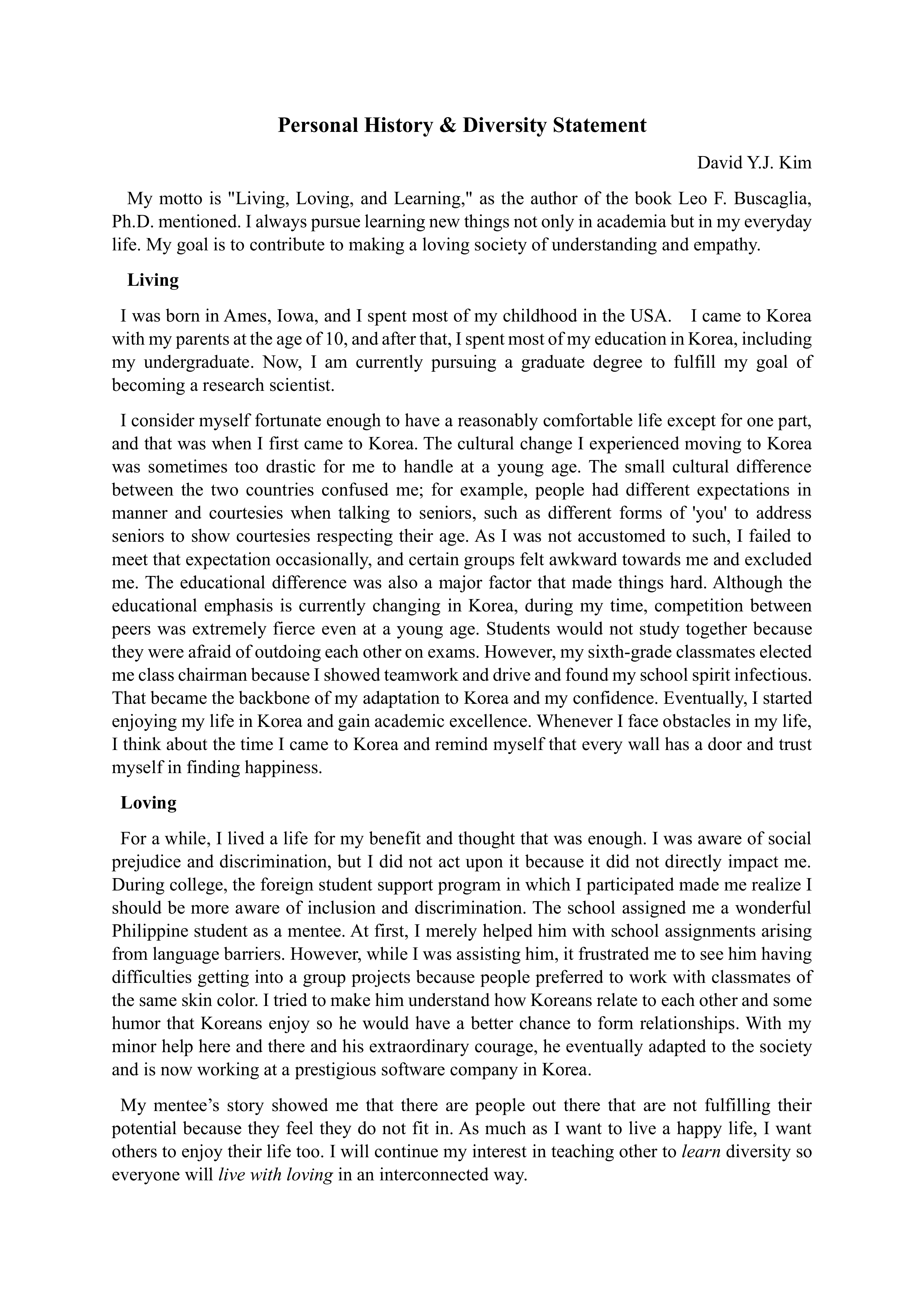 Personal History and Diversity Statement — page 1