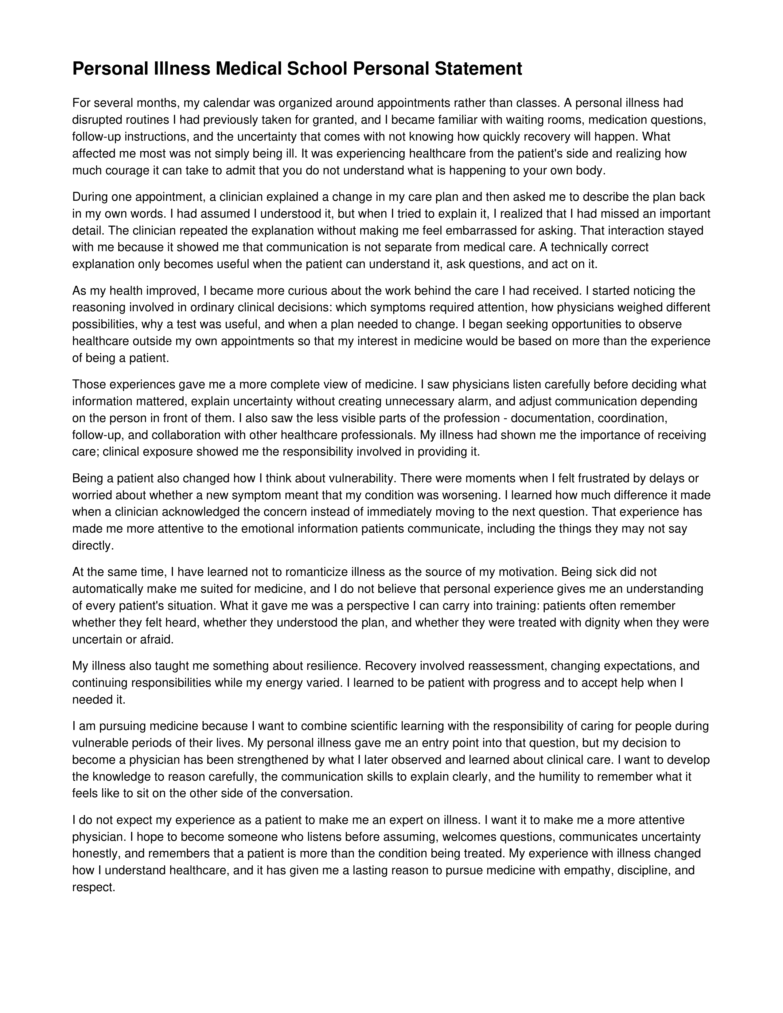 Personal Illness Medical School Personal Statement — page 1