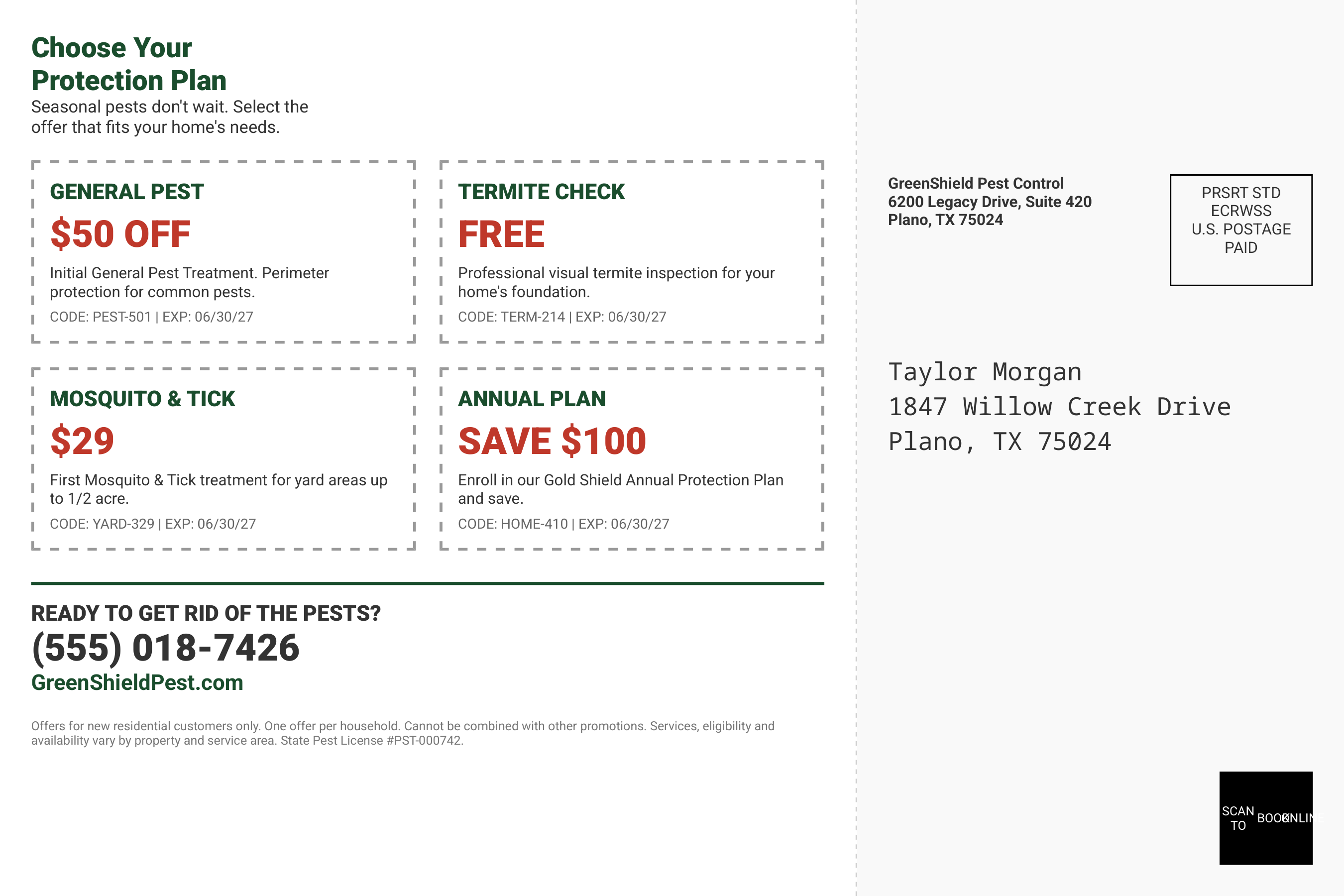 Pest Control Seasonal Outbreak Coupon Matrix Postcard — page 2