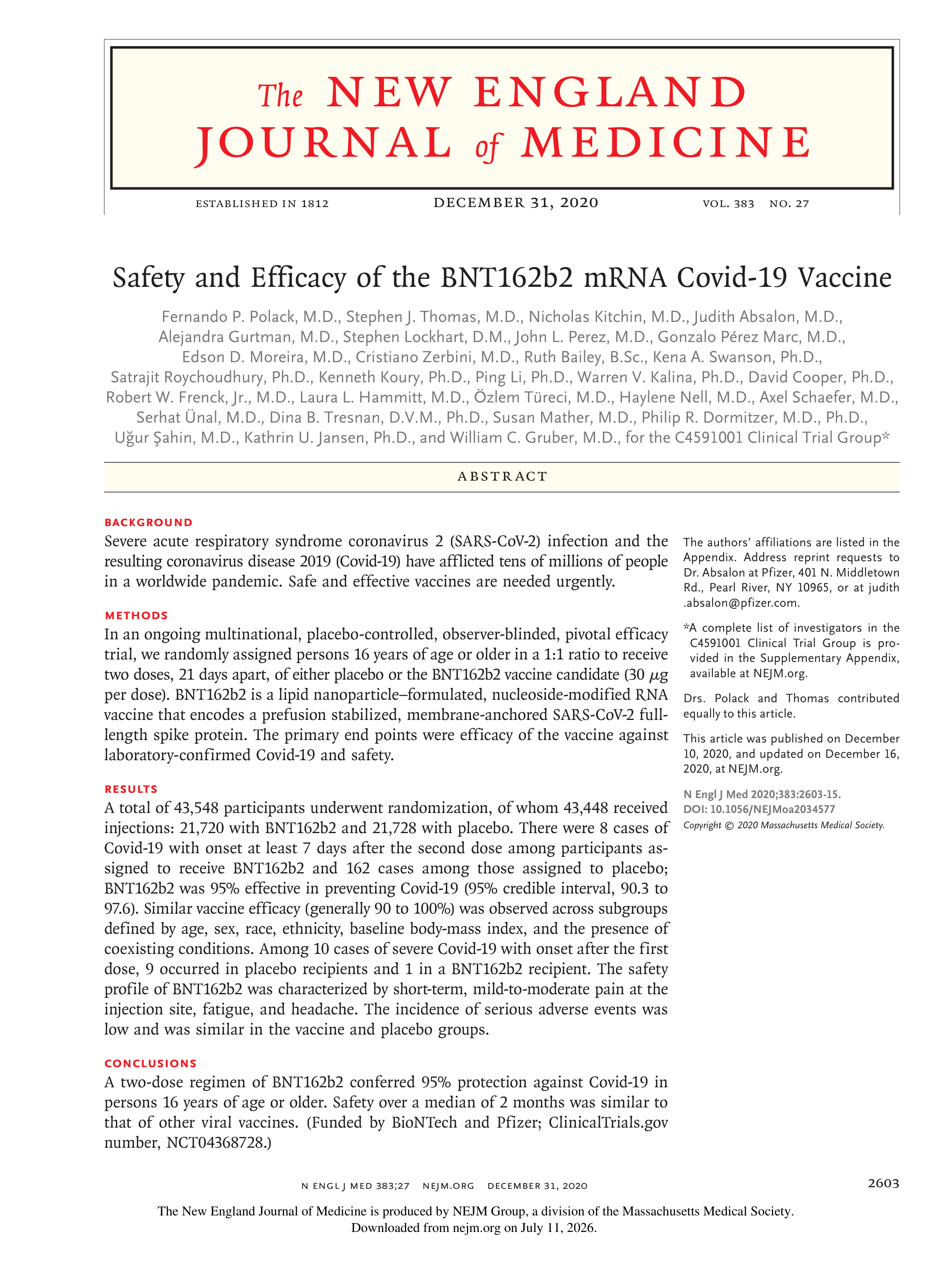 Pfizer-BioNTech COVID-19 Vaccine Research Paper — page 1