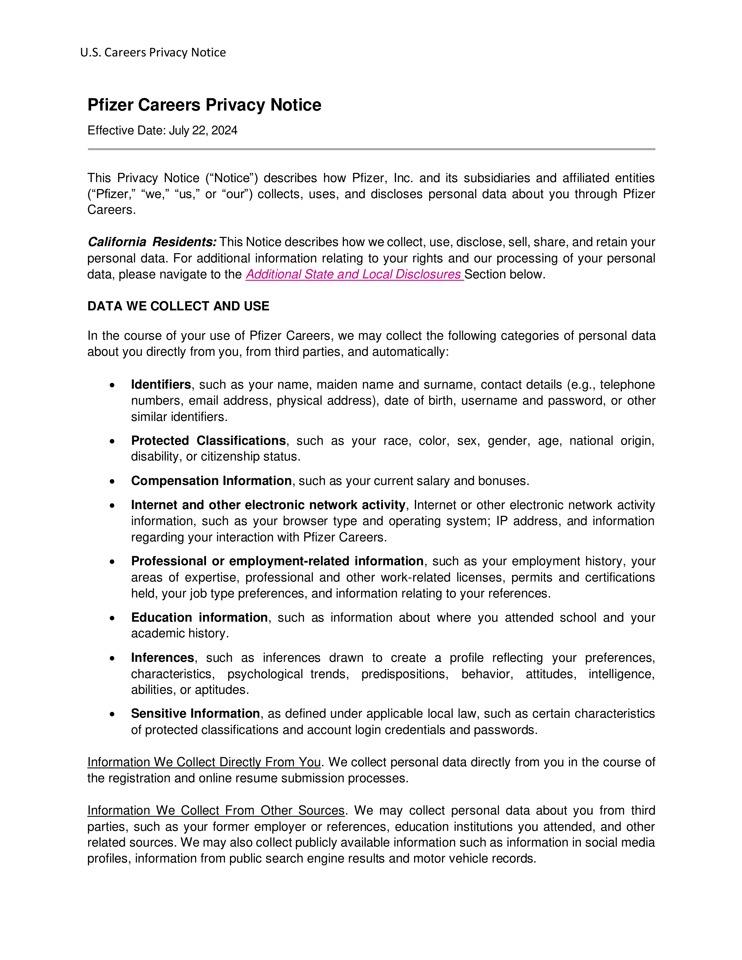 Pfizer Career Applicant Privacy Notice — page 1