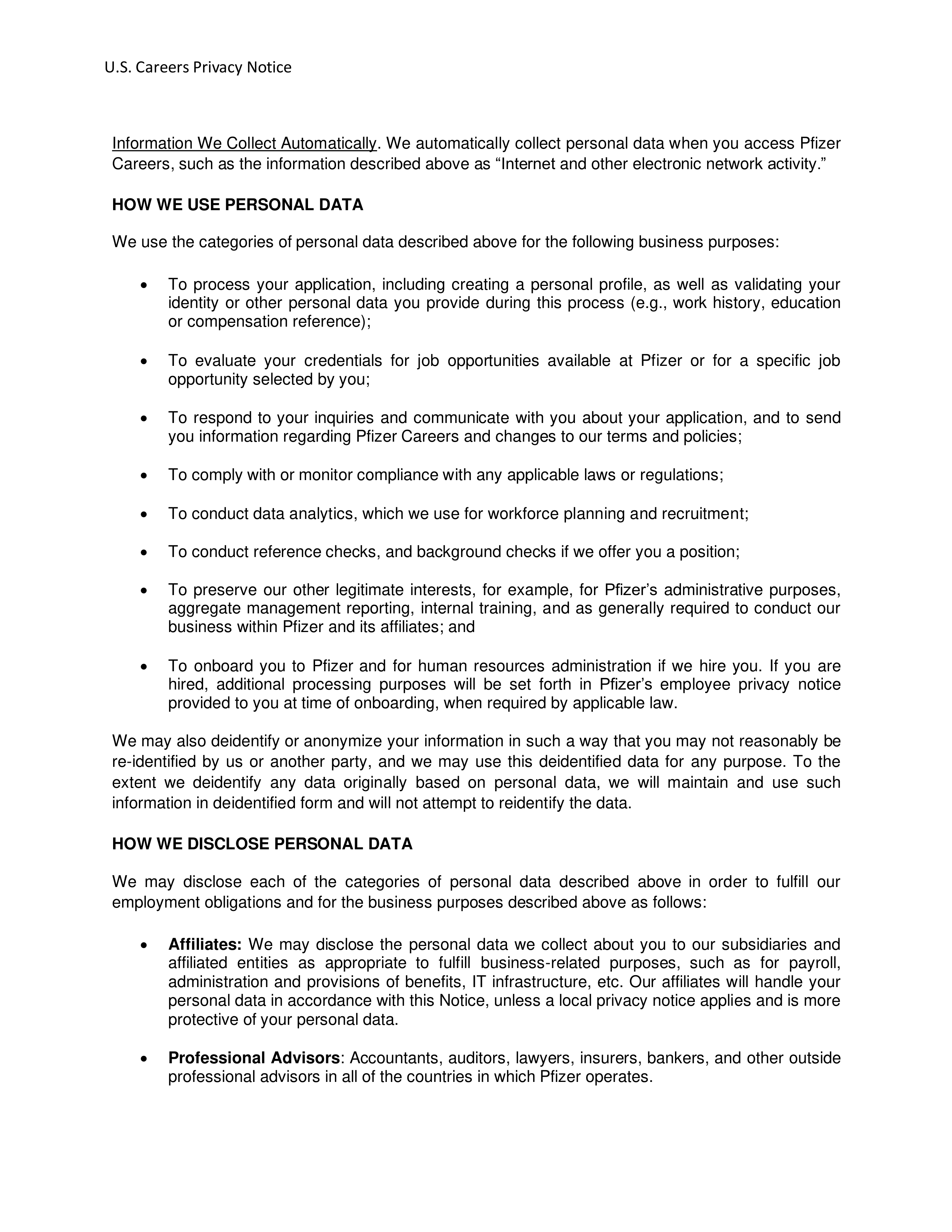 Pfizer Career Applicant Privacy Notice — page 2