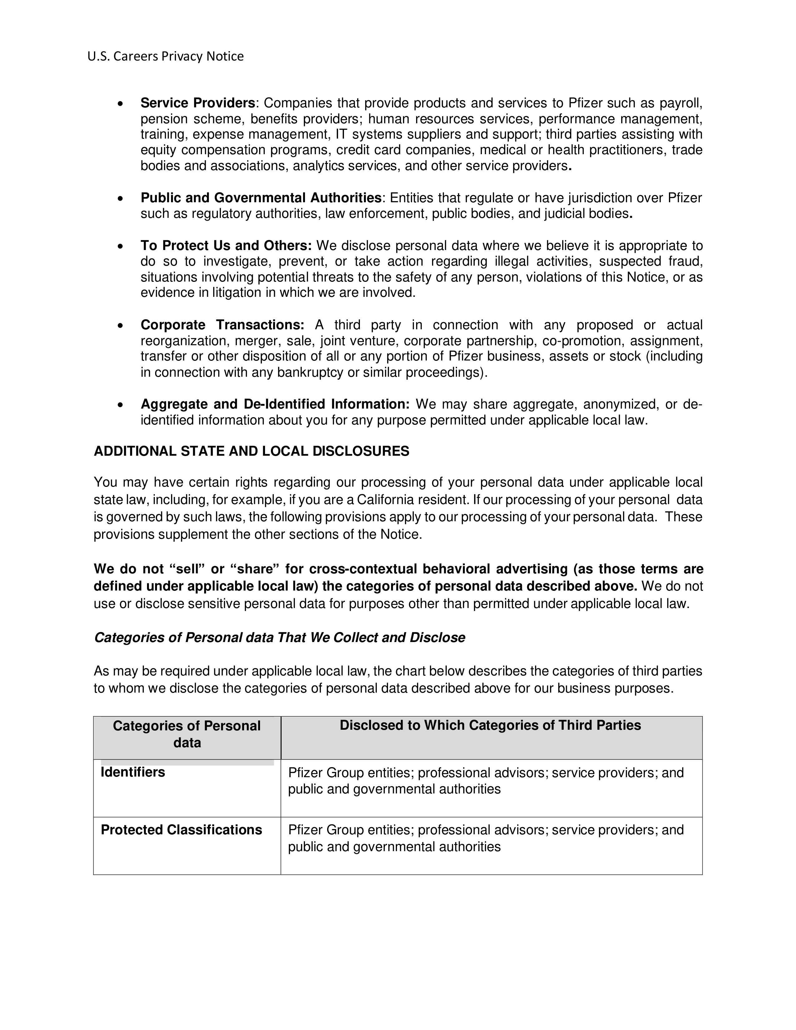 Pfizer Career Applicant Privacy Notice — page 3