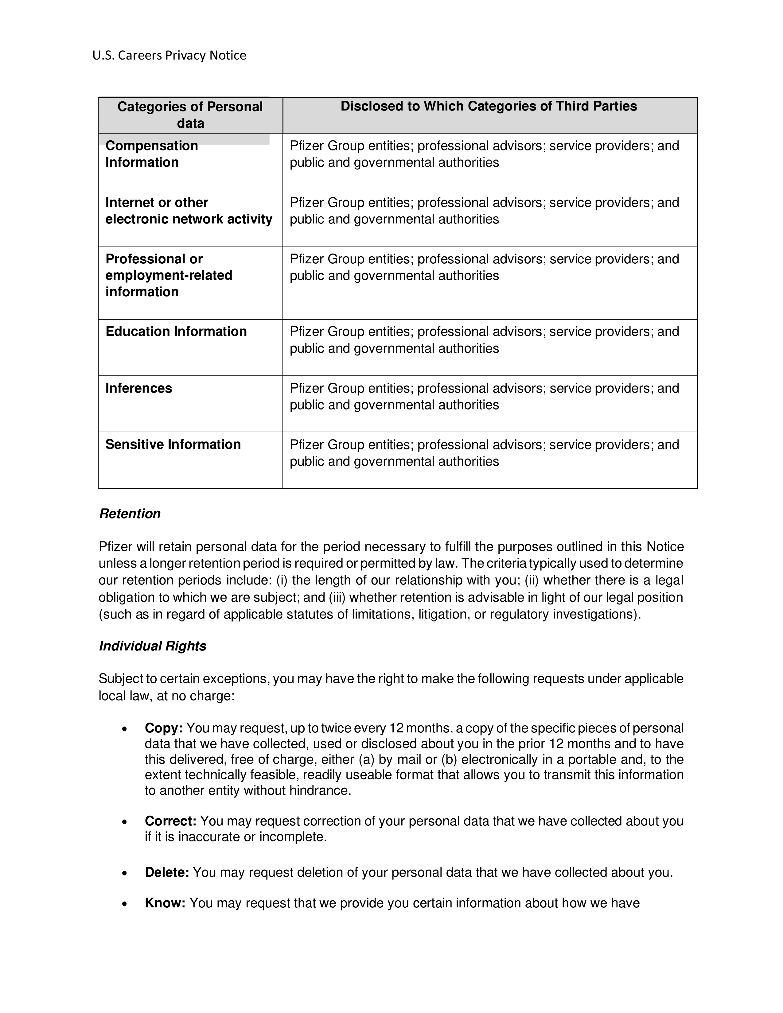 Pfizer Career Applicant Privacy Notice — page 4