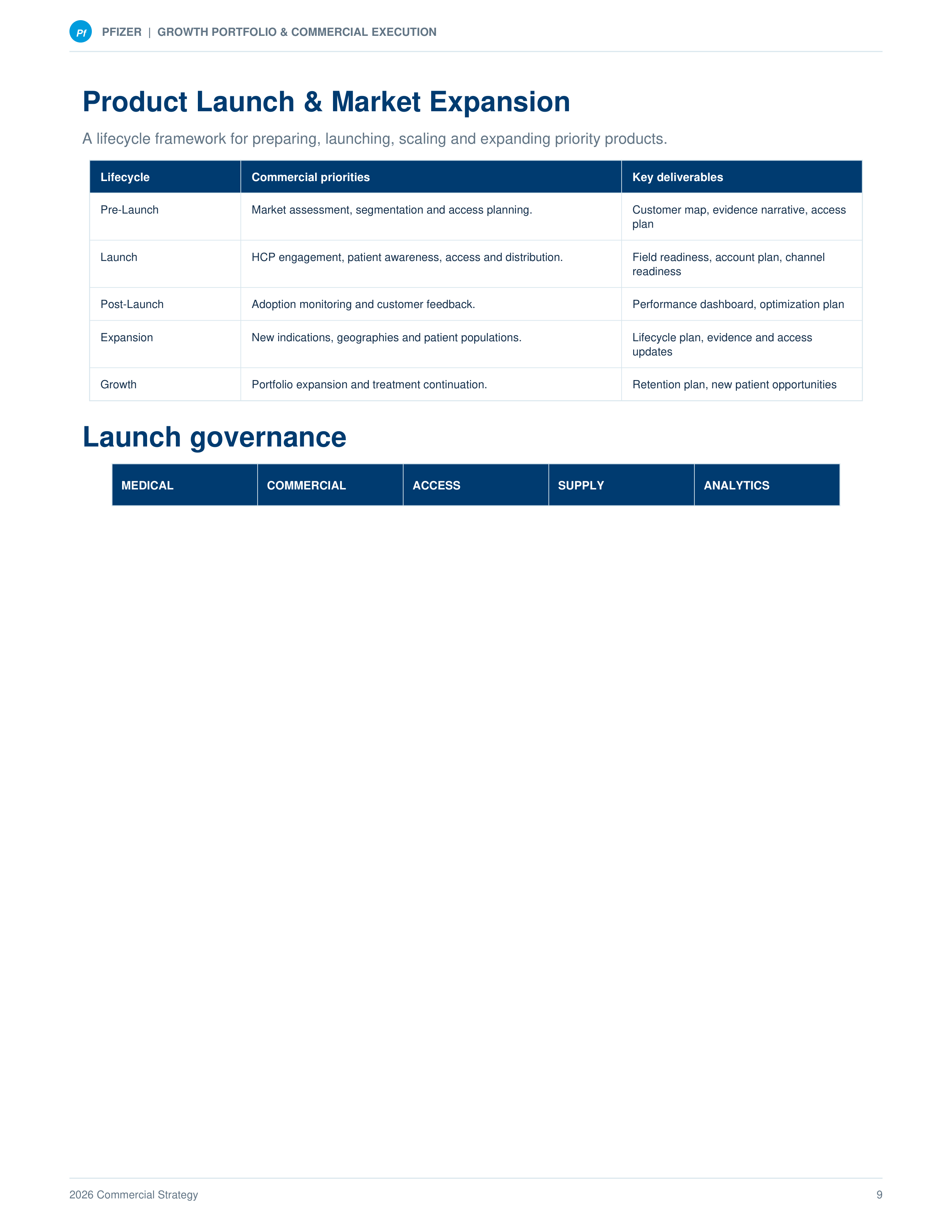 Pfizer Growth Portfolio & Commercial Execution Sales Plan — page 9