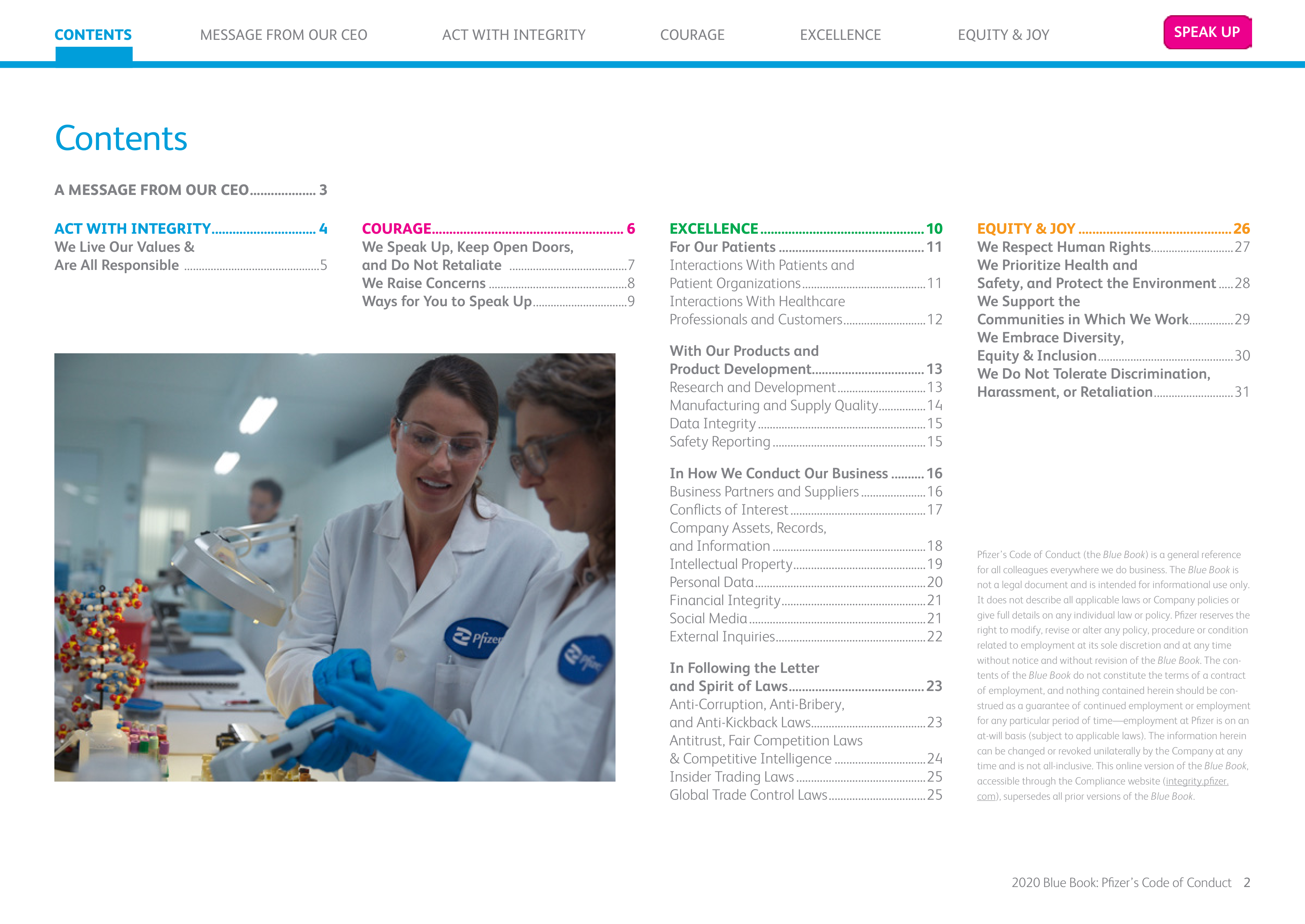 Pfizer Inc. Blue Book Code of Conduct Handbook — page 2