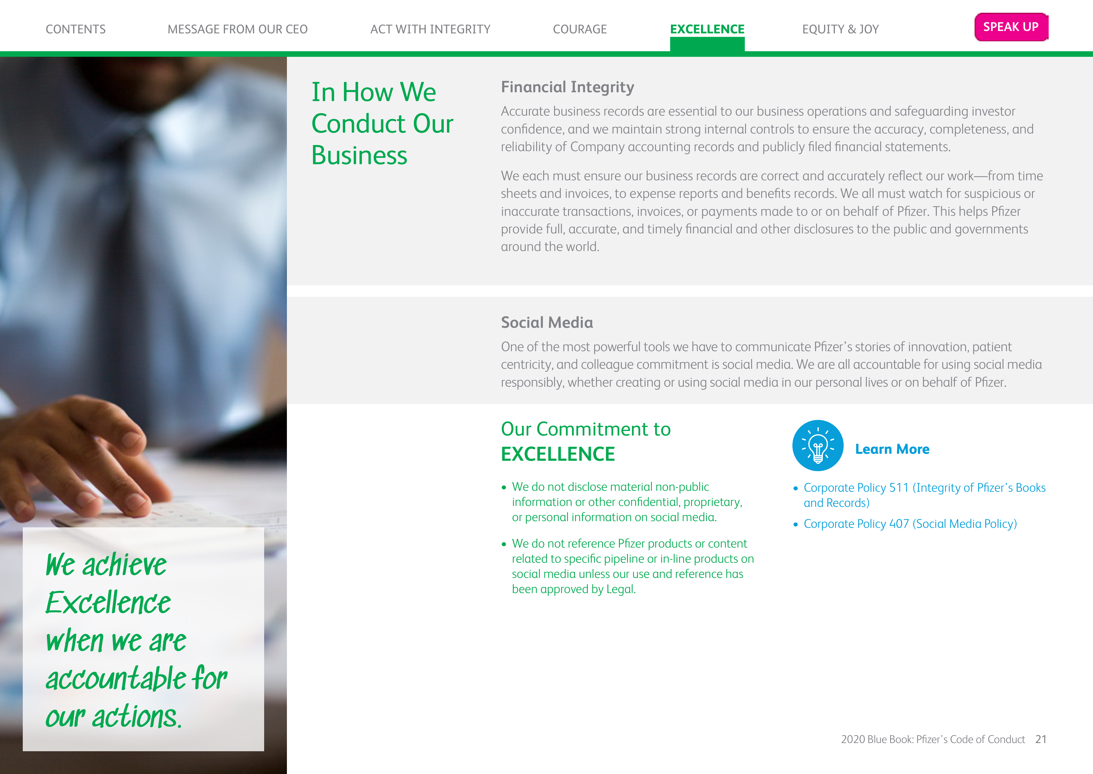 Pfizer Inc. Blue Book Code of Conduct Handbook — page 21
