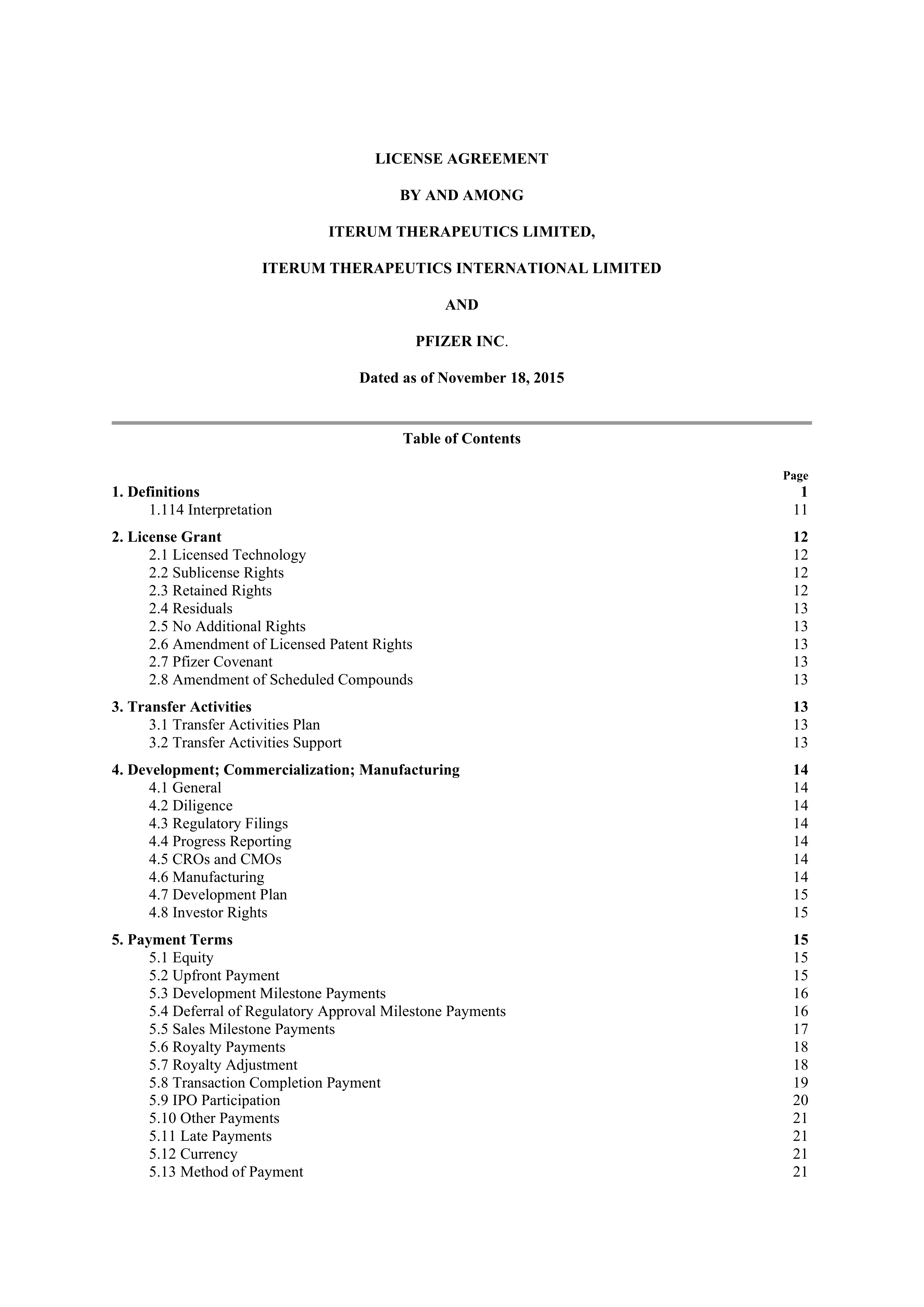 Pfizer License Agreement — page 1