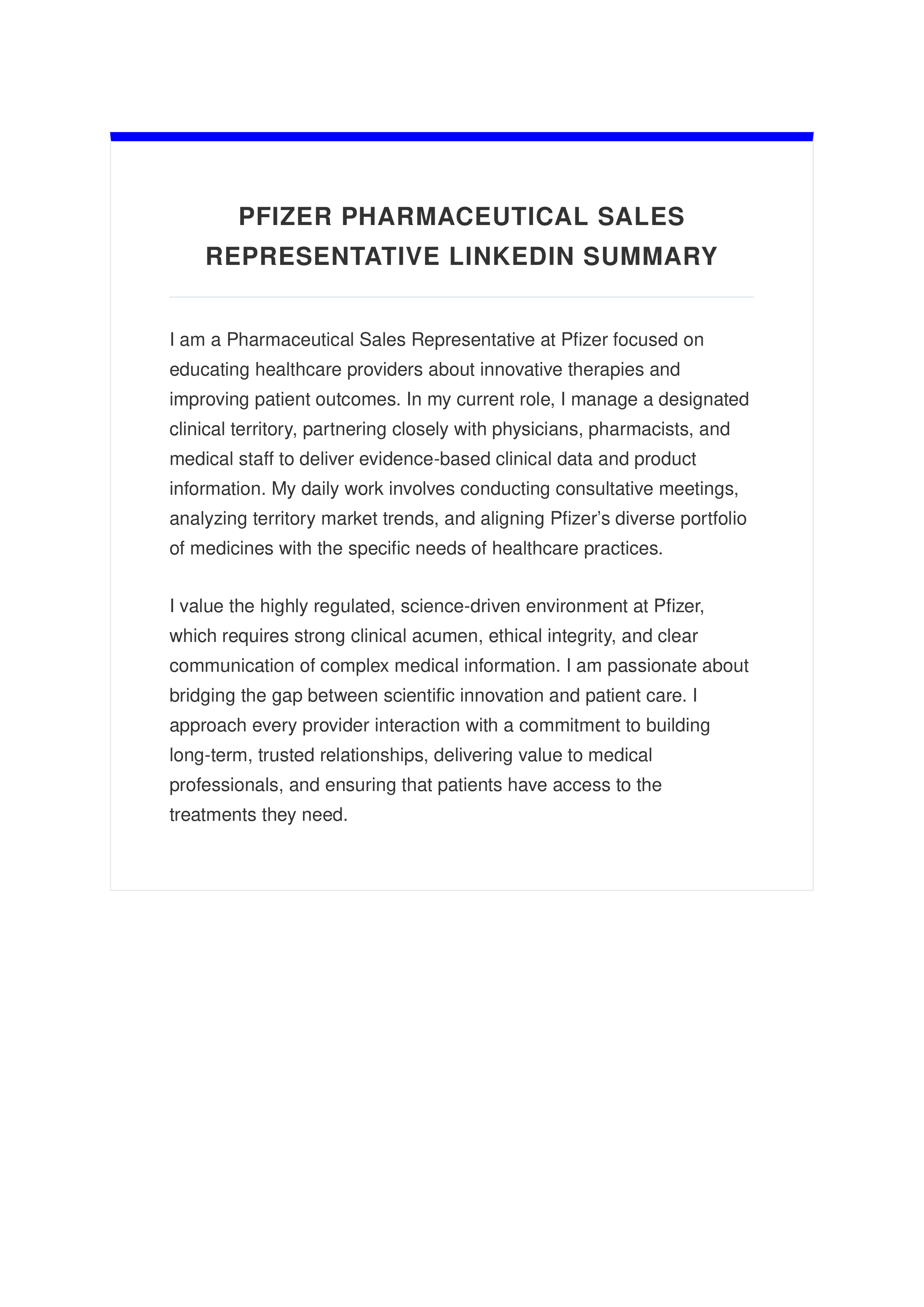 Pfizer Pharmaceutical Sales Representative LinkedIn Summary — page 1