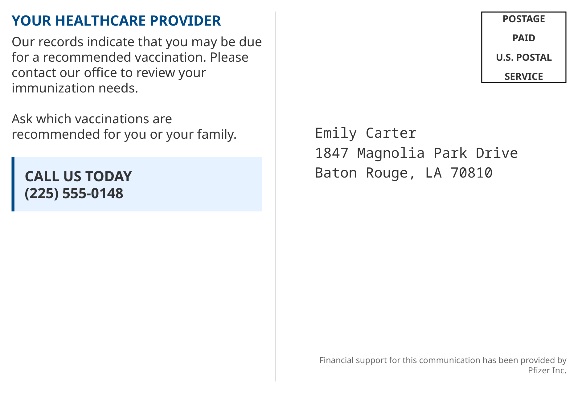 Pfizer Postage-Paid Vaccine Reminder Postcard — page 2