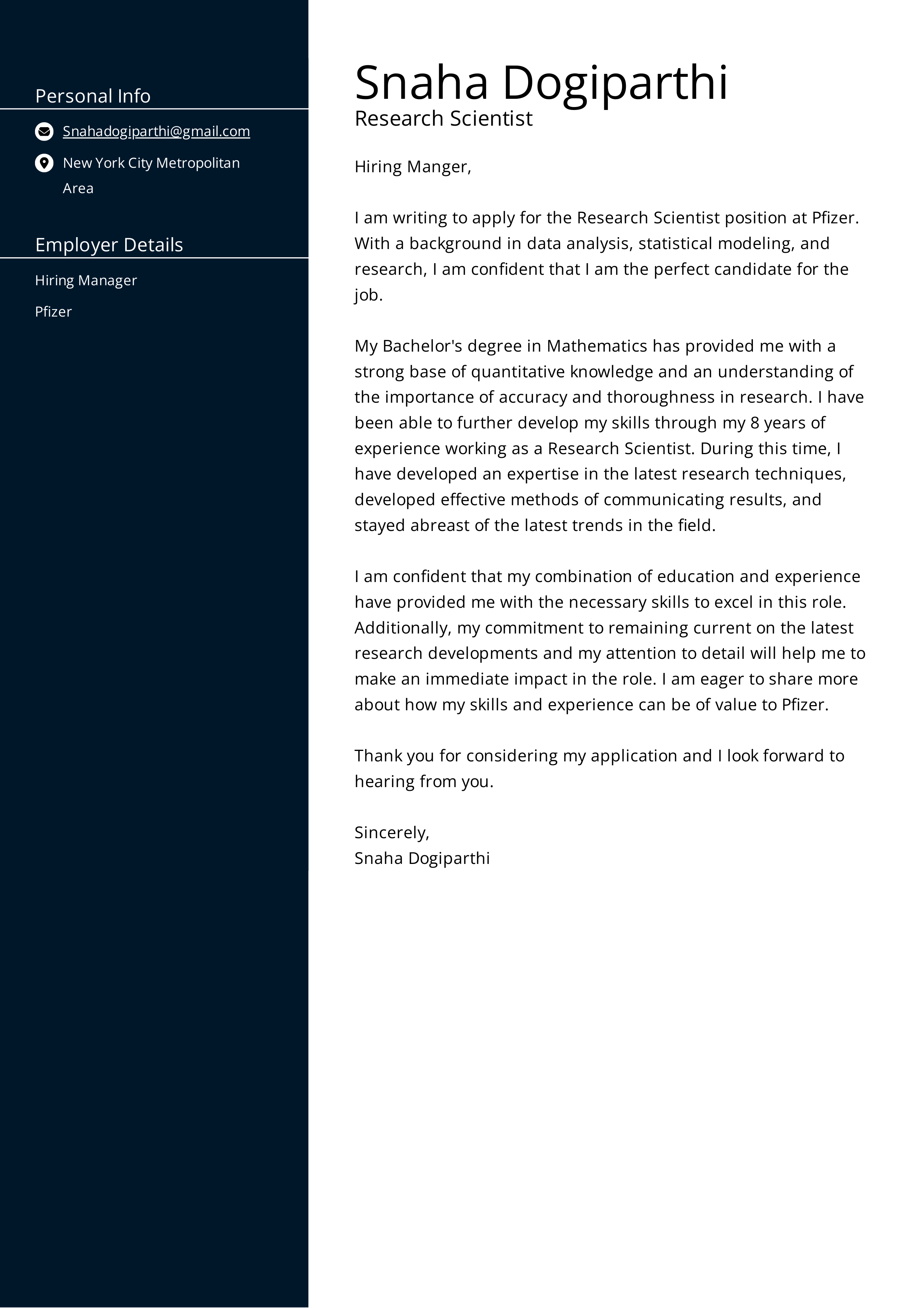Pfizer Research Scientist Cover Letter — page 1