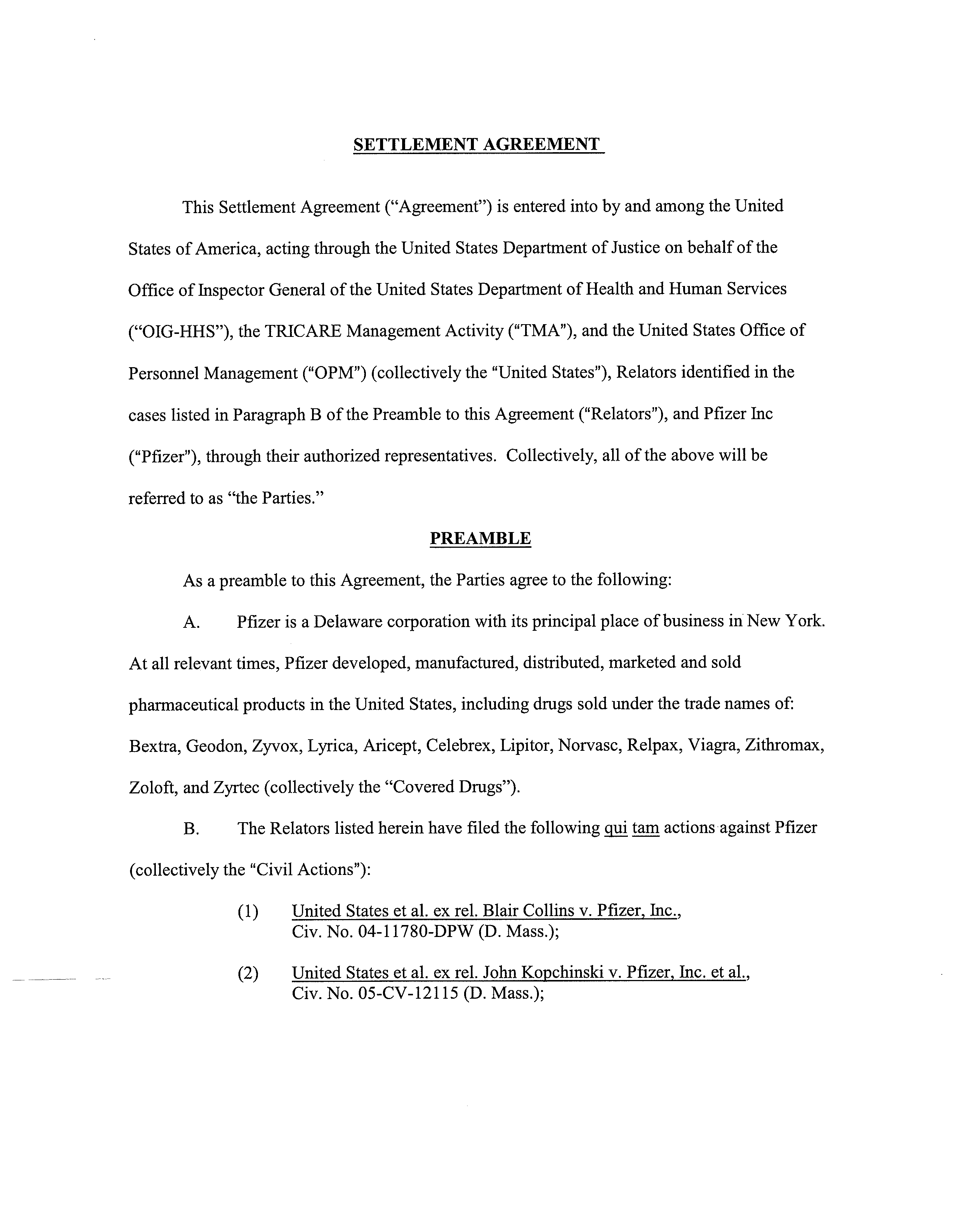 Pfizer Settlement Agreement — page 1