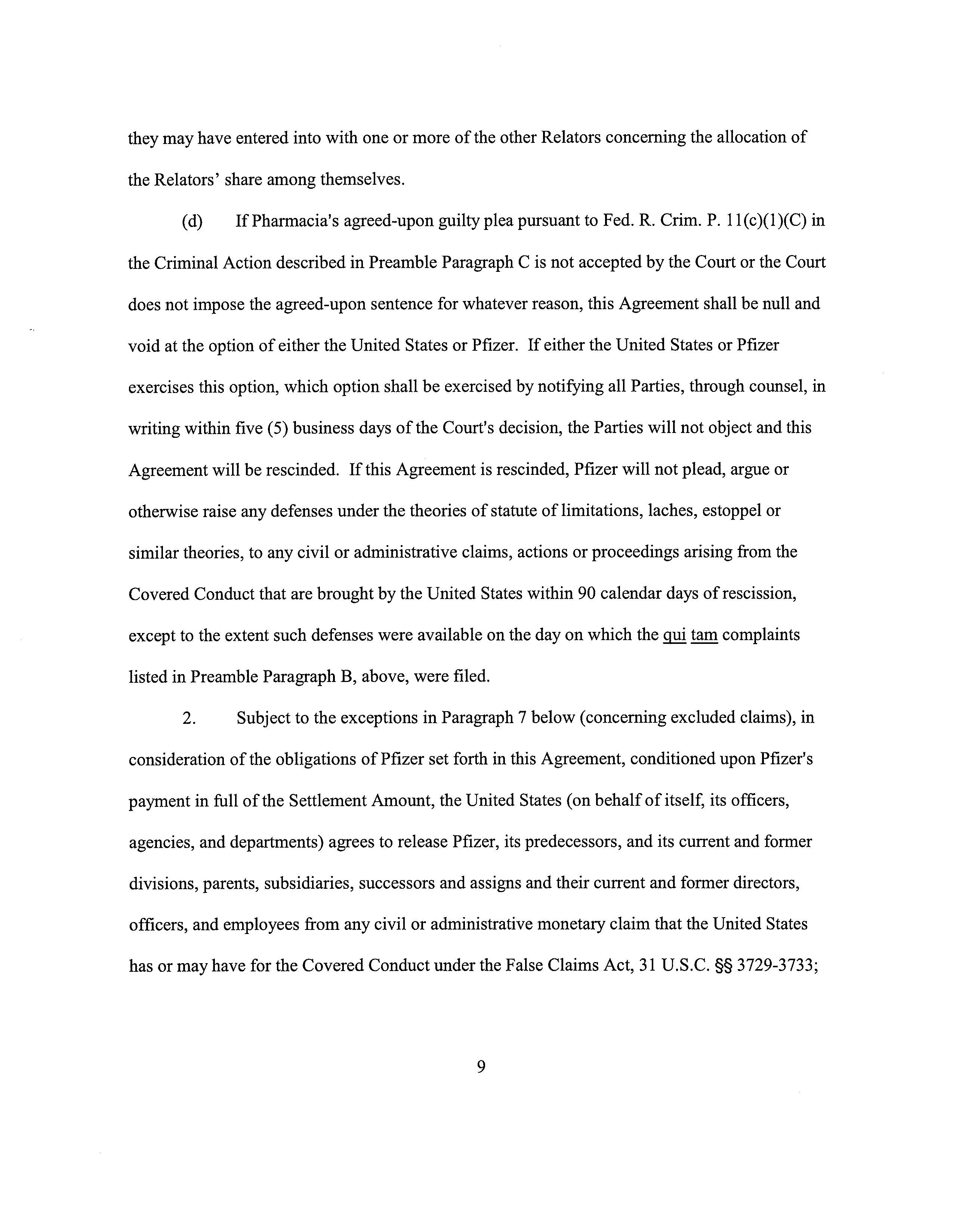Pfizer Settlement Agreement — page 9