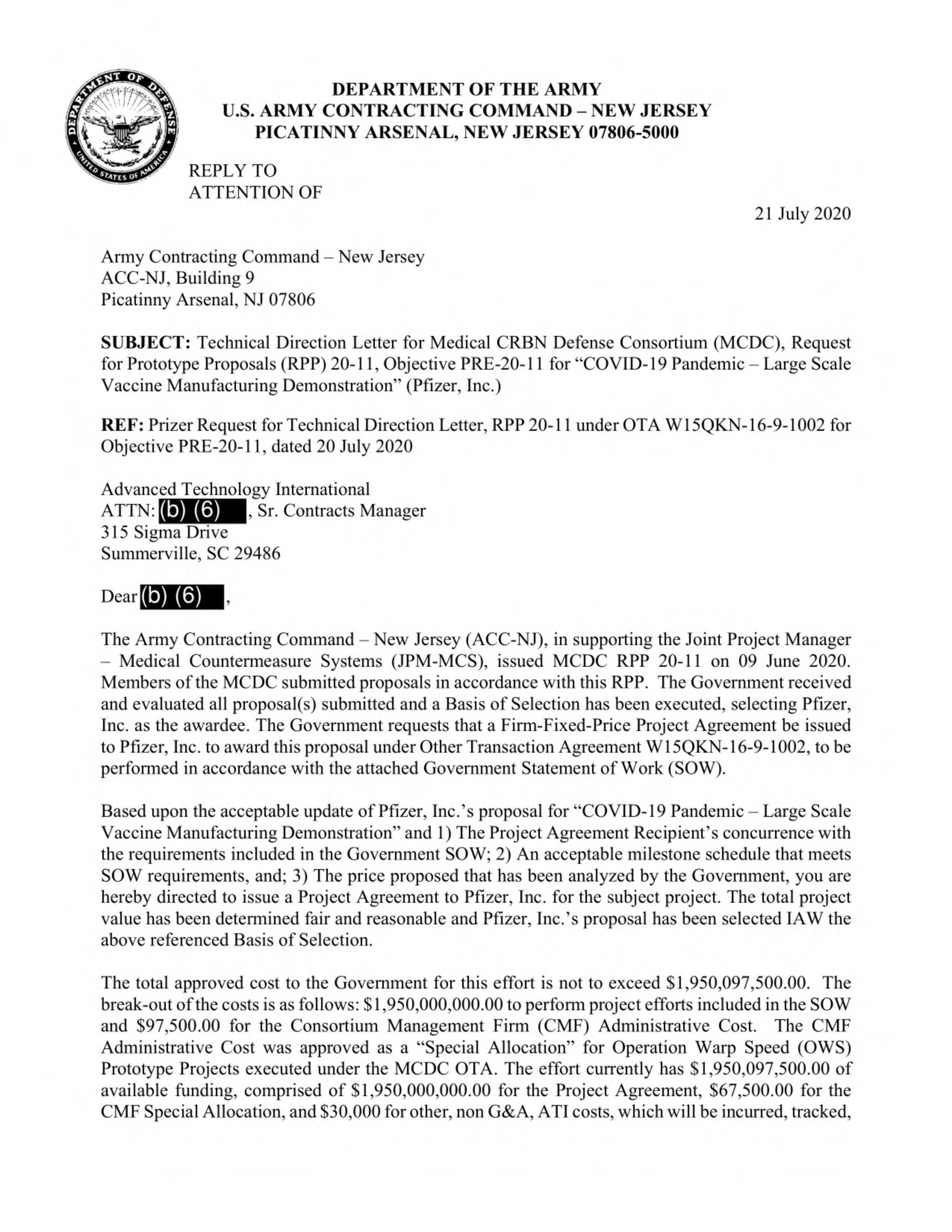 Pfizer Vaccine Supply Contract — page 1