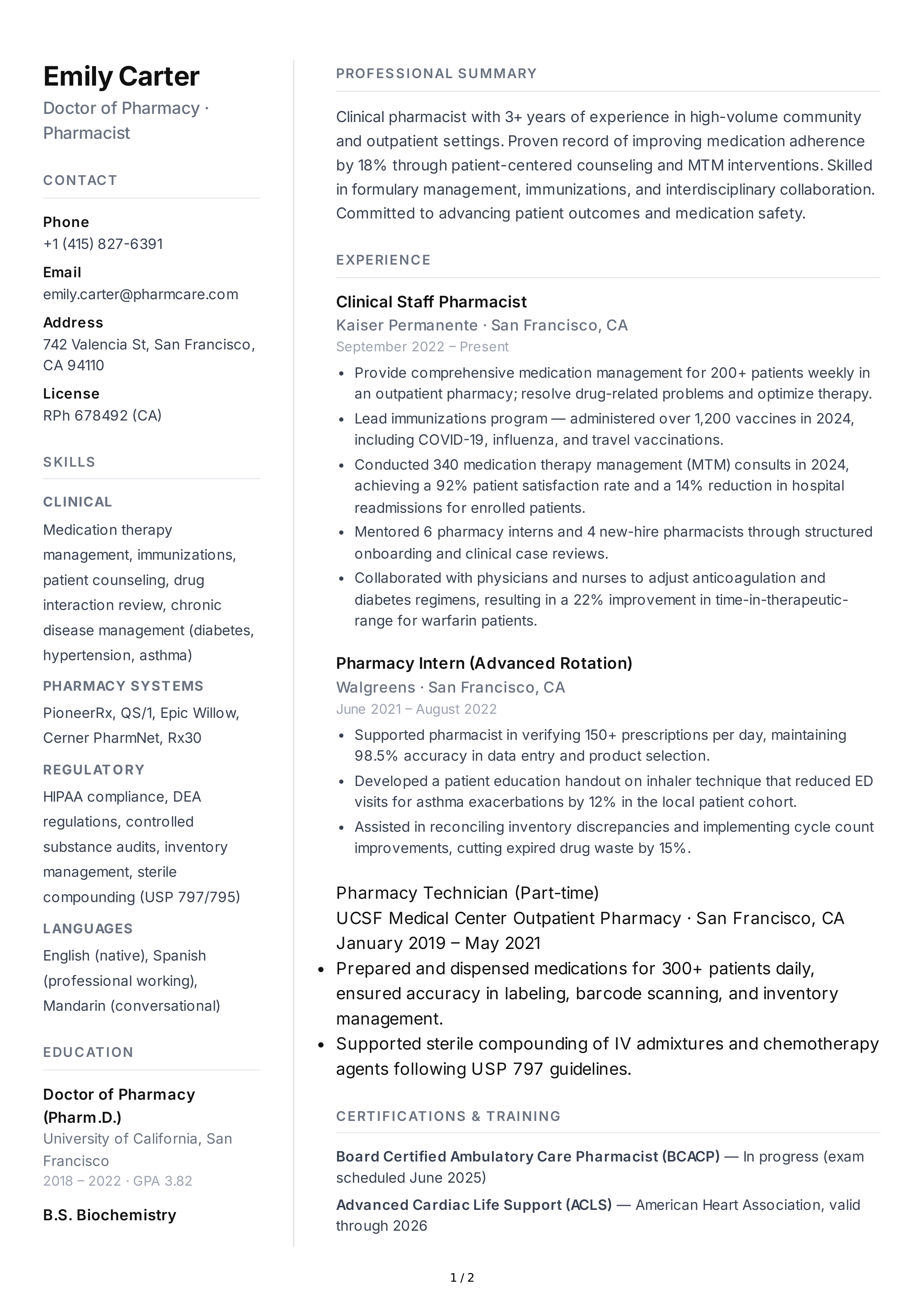 Pharmacist CV — page 1