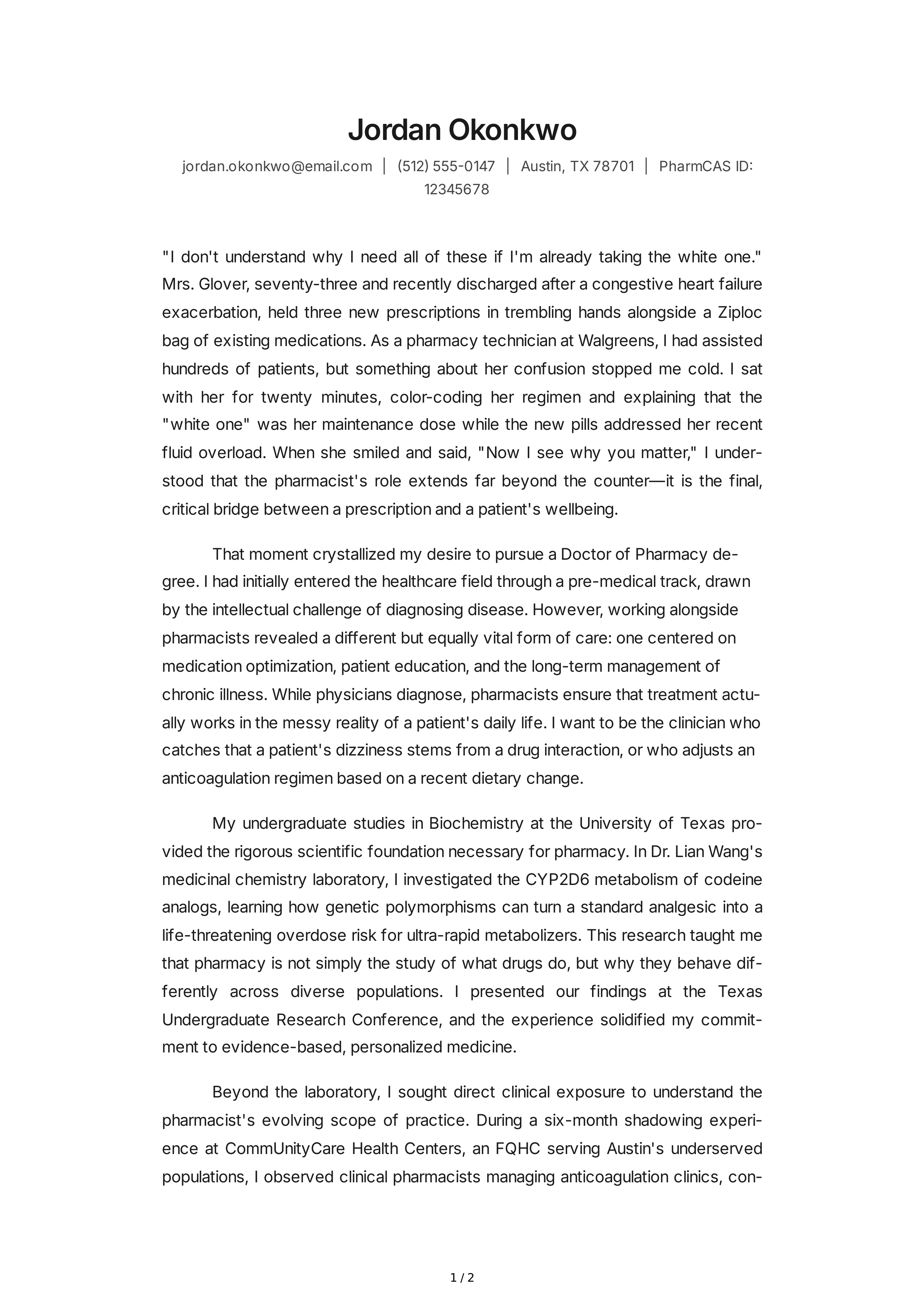 Pharmacy School Personal Statement — page 1