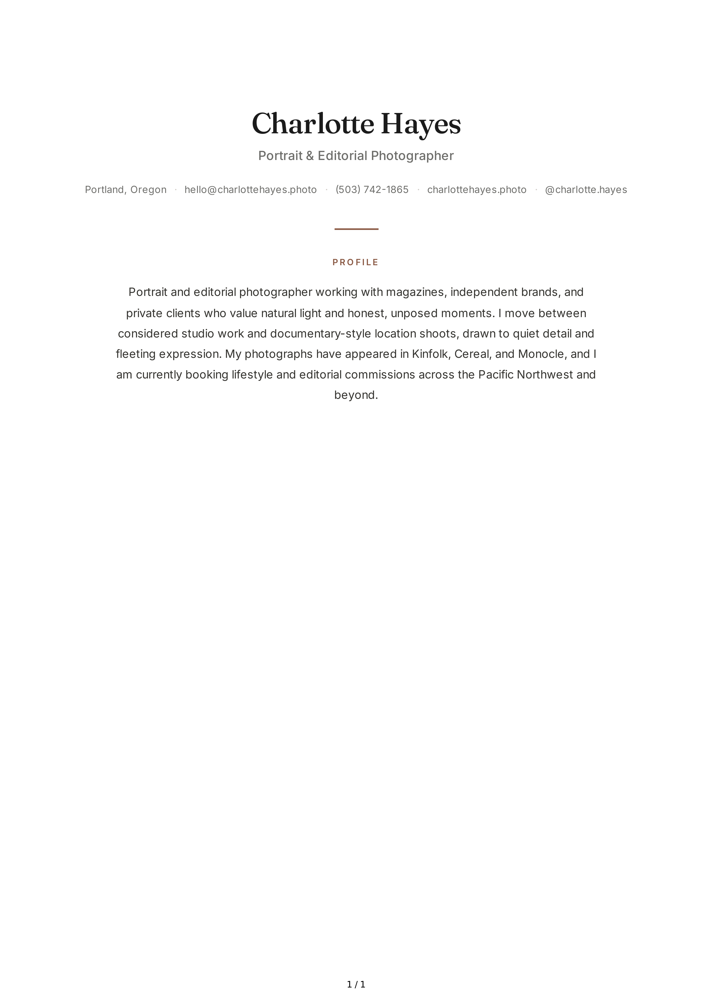 Photographer Resume Profile — page 1
