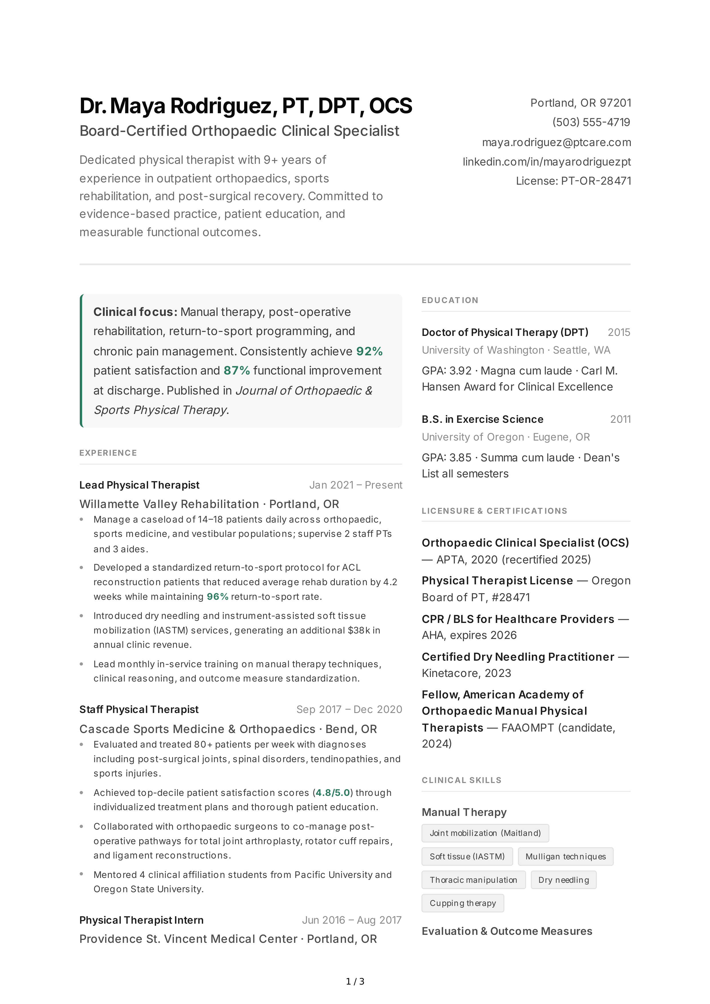 Physical Therapist CV — page 1
