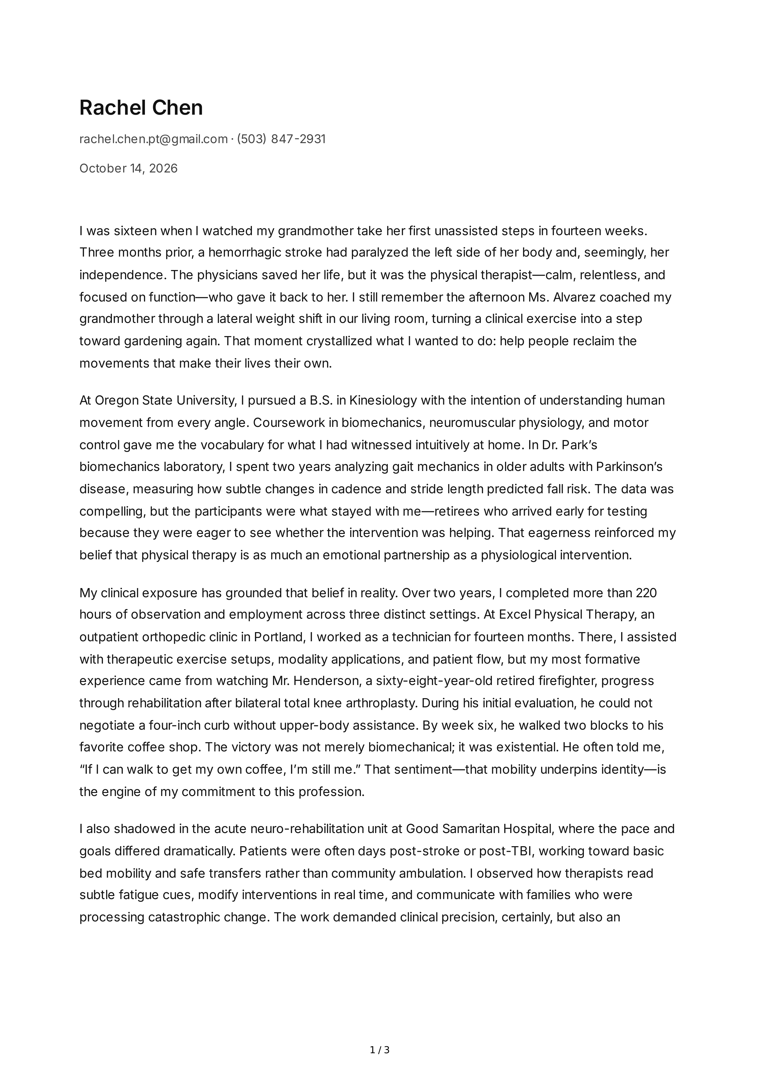 Physical Therapy Personal Statement — page 1