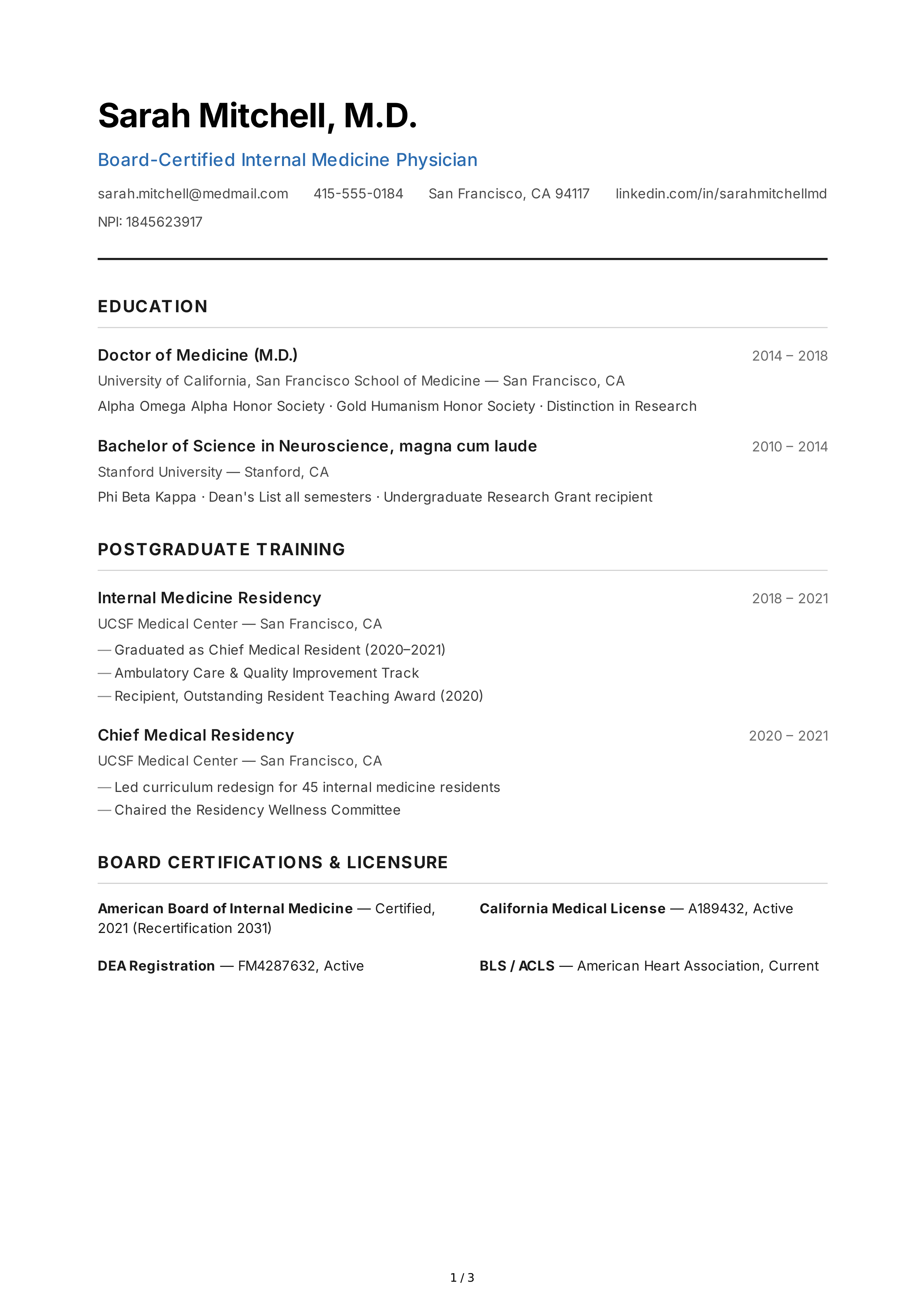 Physician CV — page 1