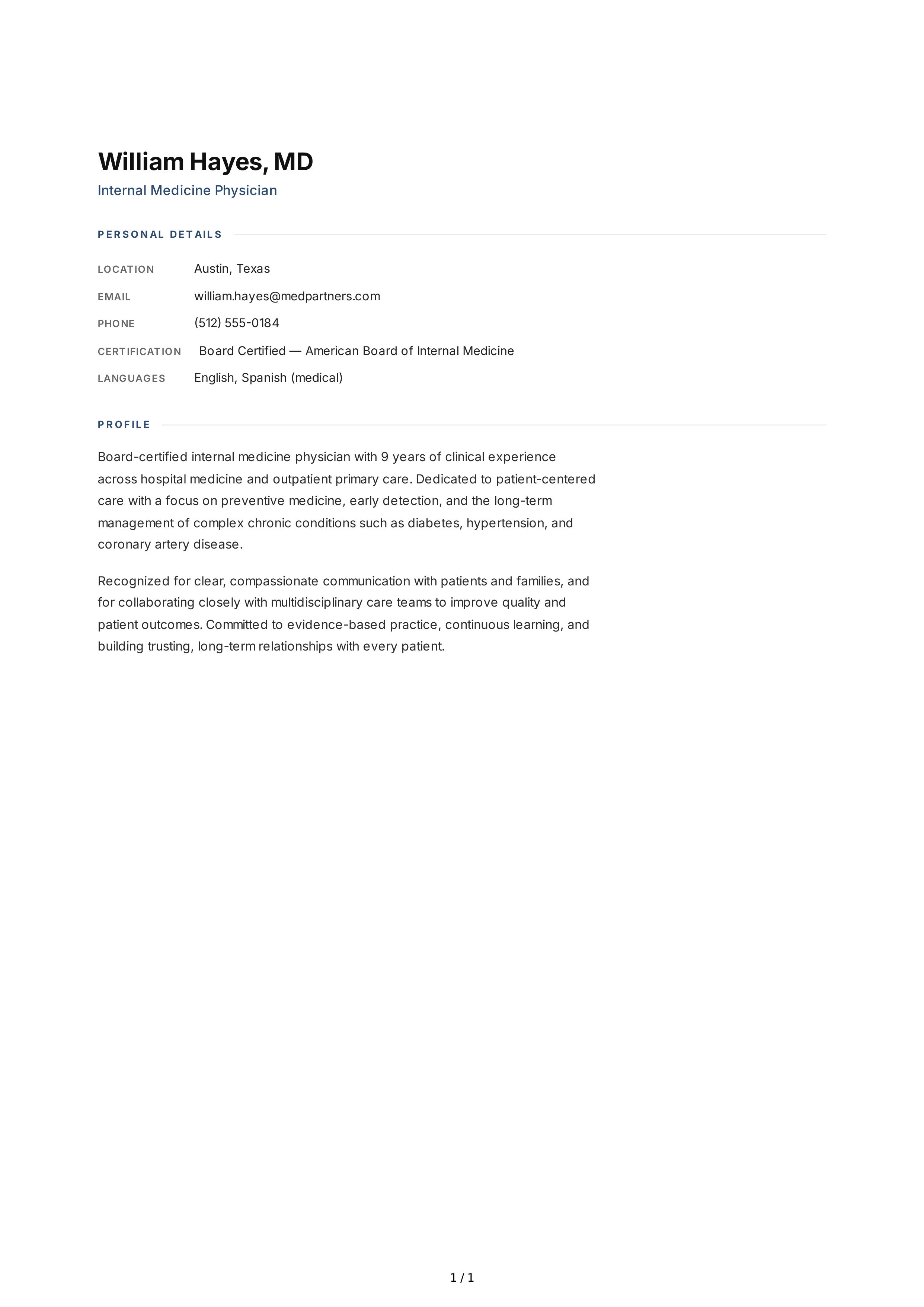 Physician Resume Profile — page 1