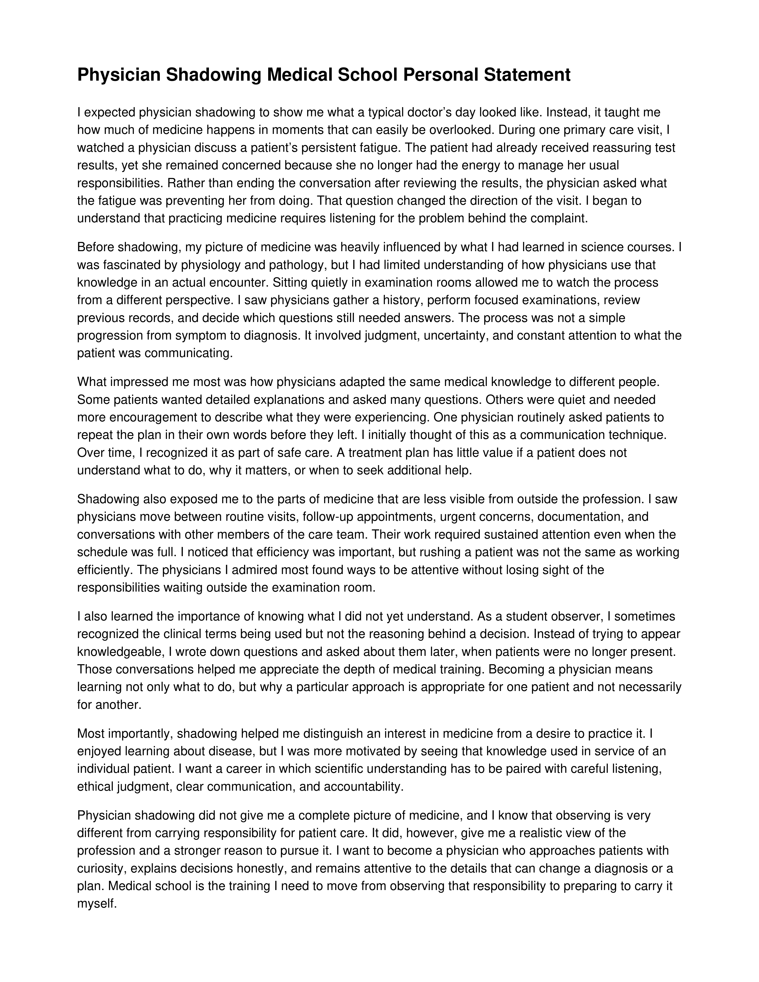 Physician Shadowing Medical School Personal Statement — page 1