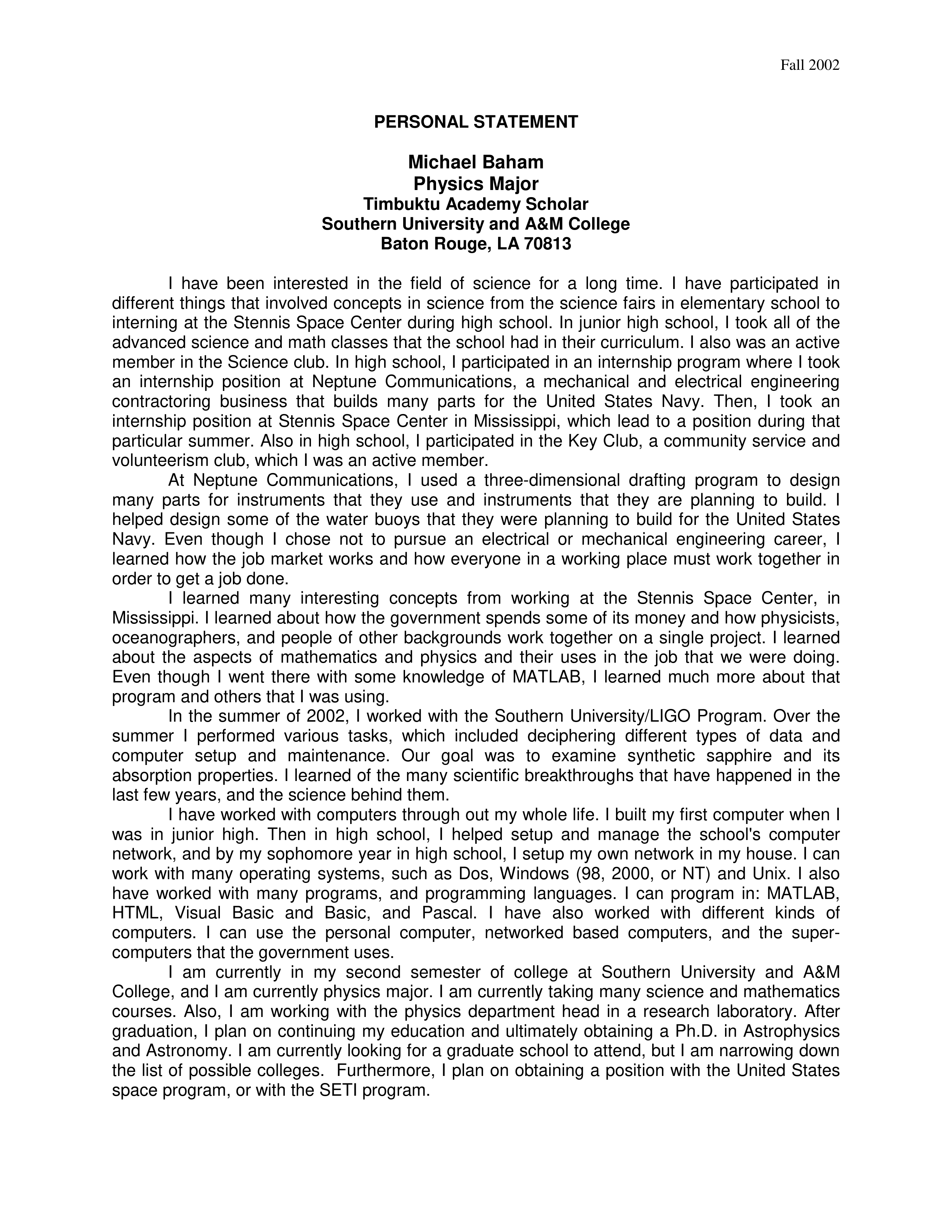 Physics Personal Statement — page 1