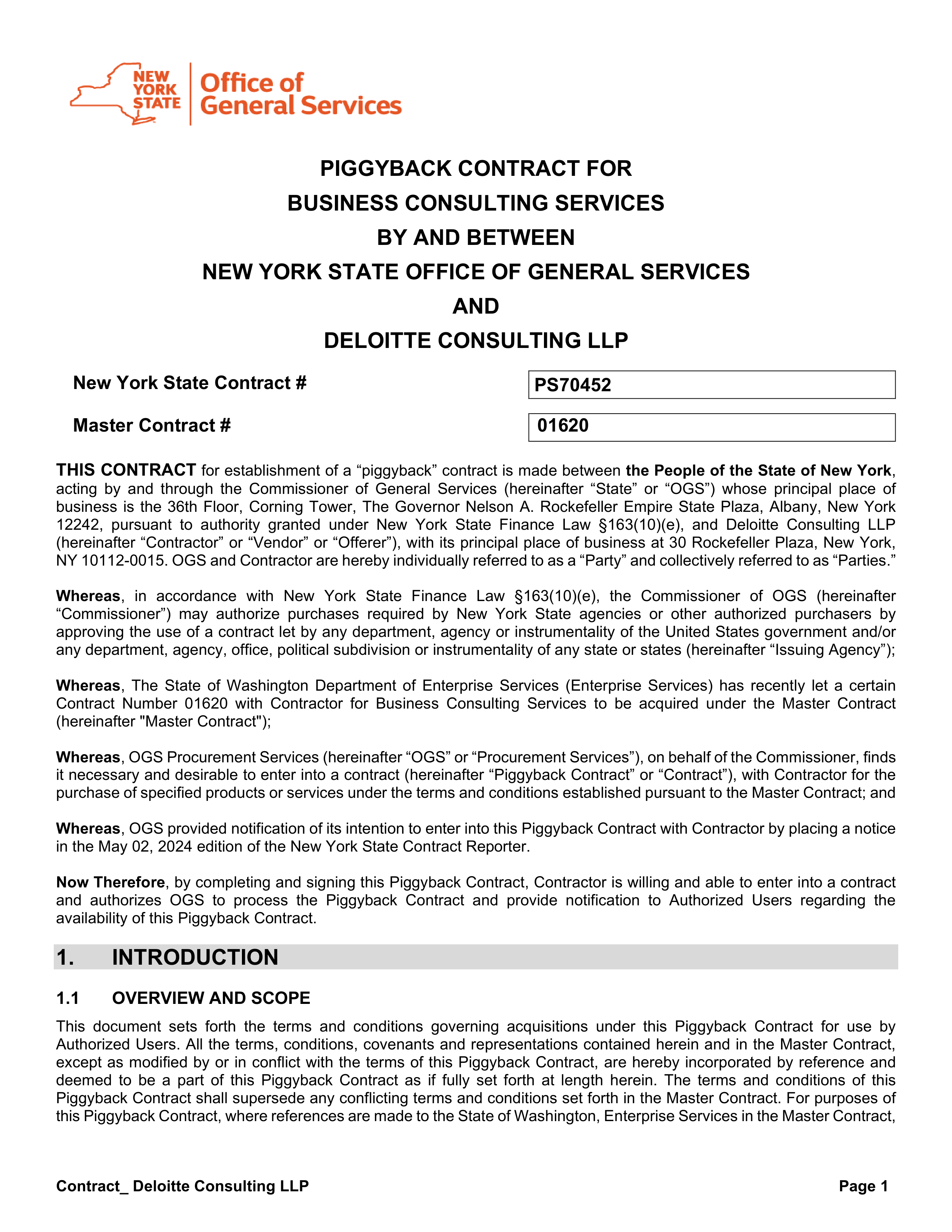 State Office of General Services and Deloitte Consulting Contract — page 1