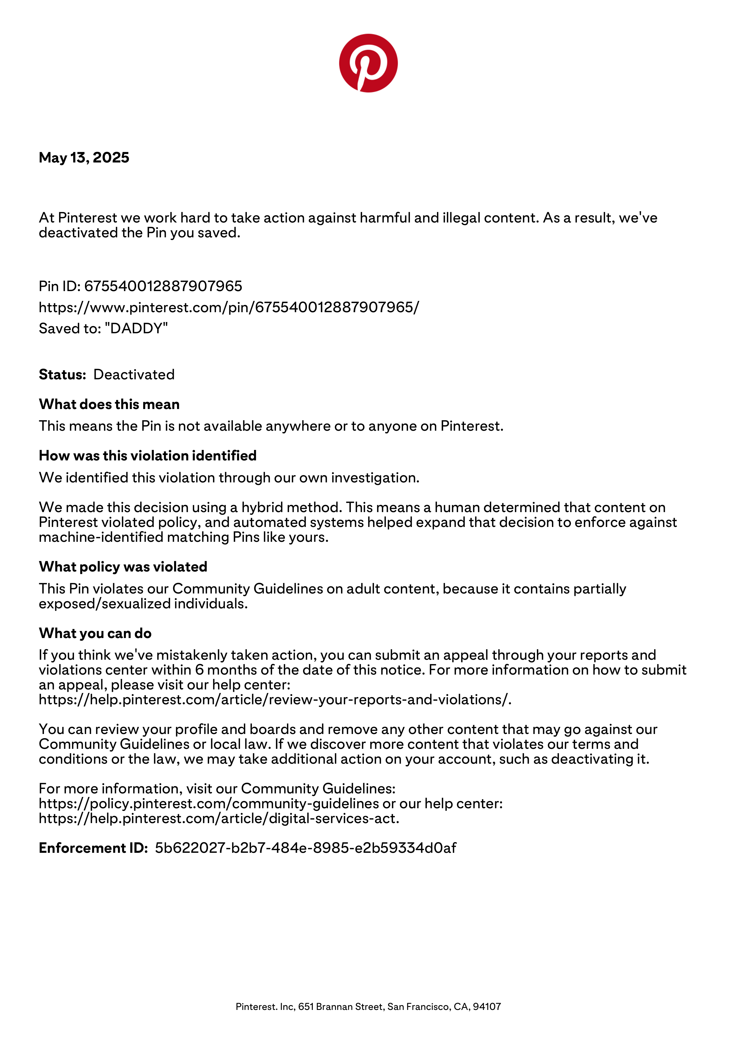 Pinterest Community Guidelines Enforcement Notice — page 1