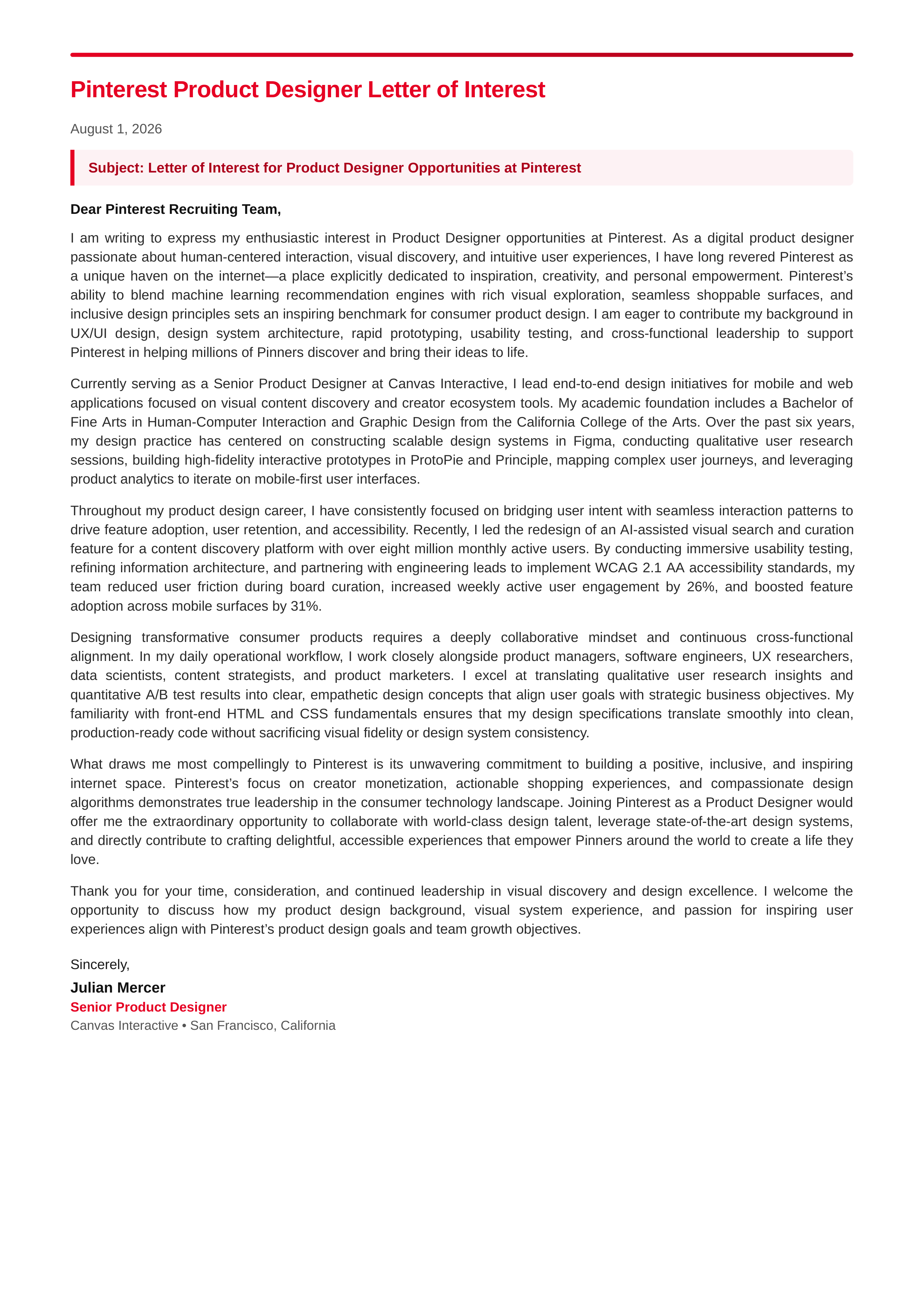 Pinterest Product Designer Letter of Interest — page 1