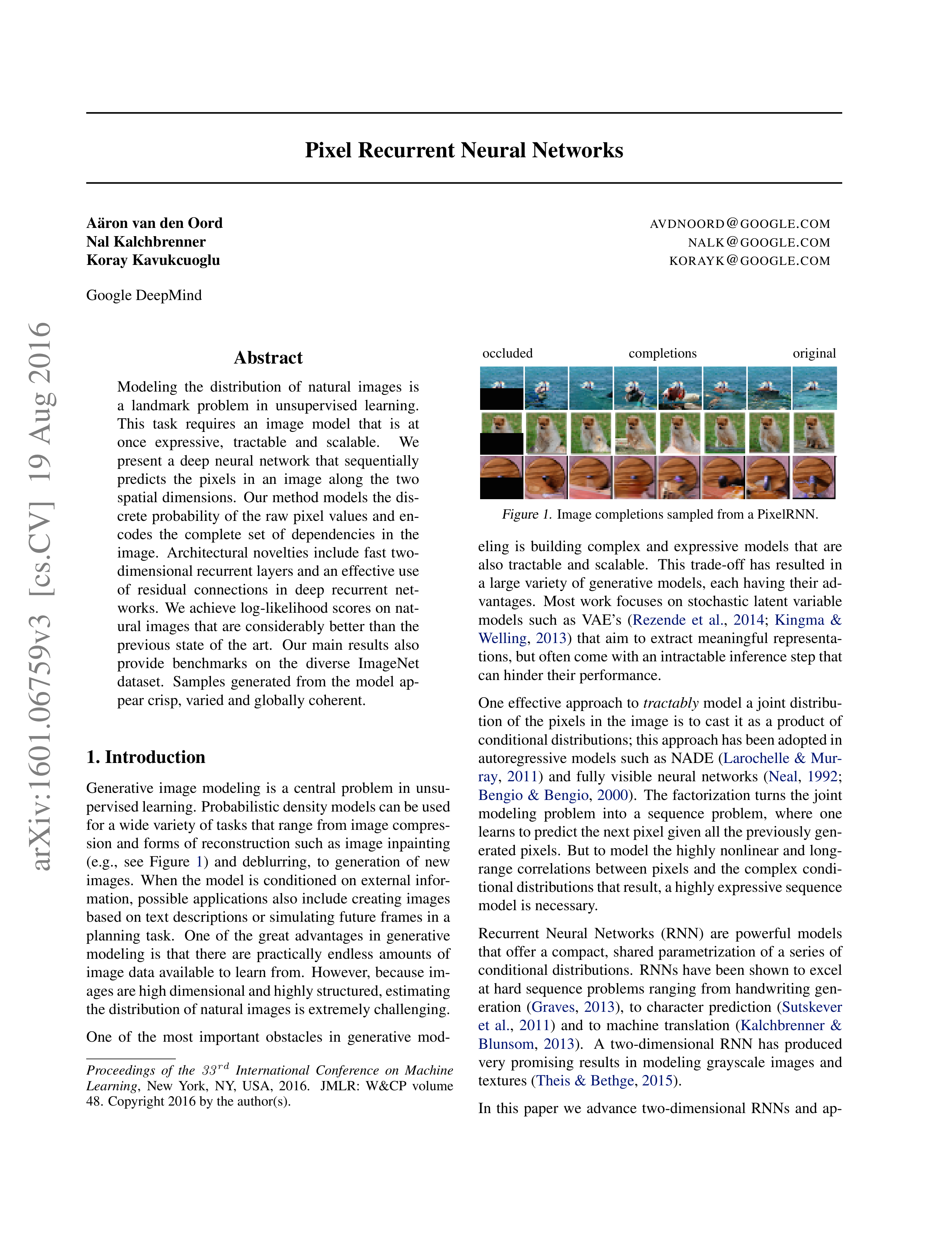 PixelRNN Research Paper by University of California — page 1