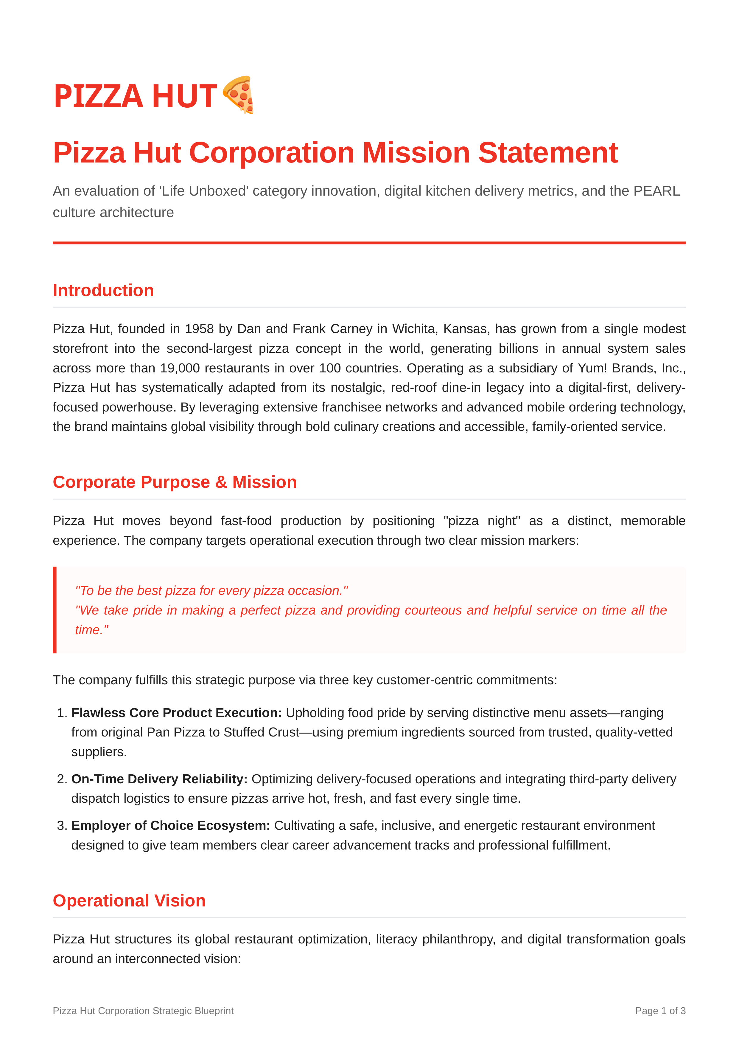 Pizza Hut Mission Statement — page 1