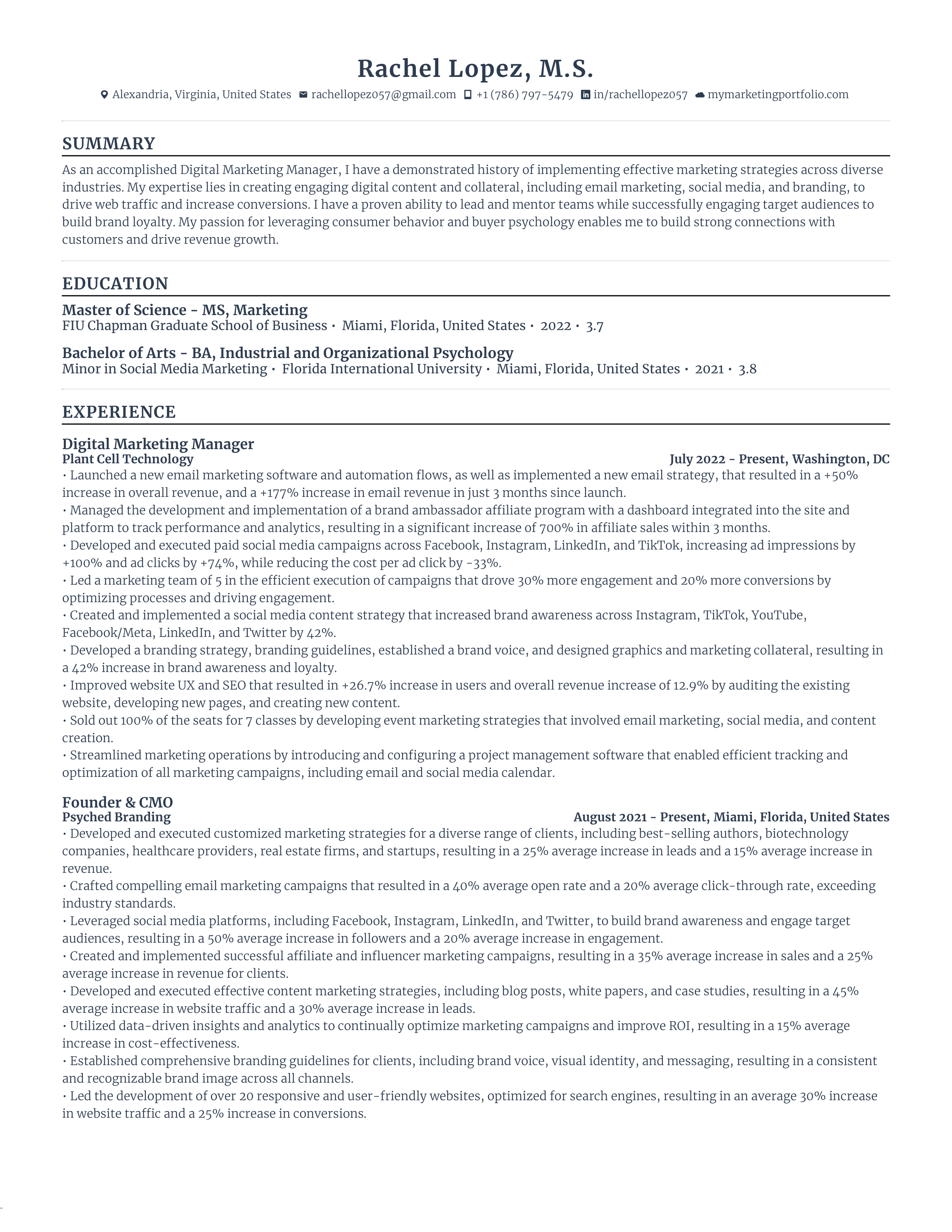 Plant Cell Technology Digital Marketing Manager Resume — page 1