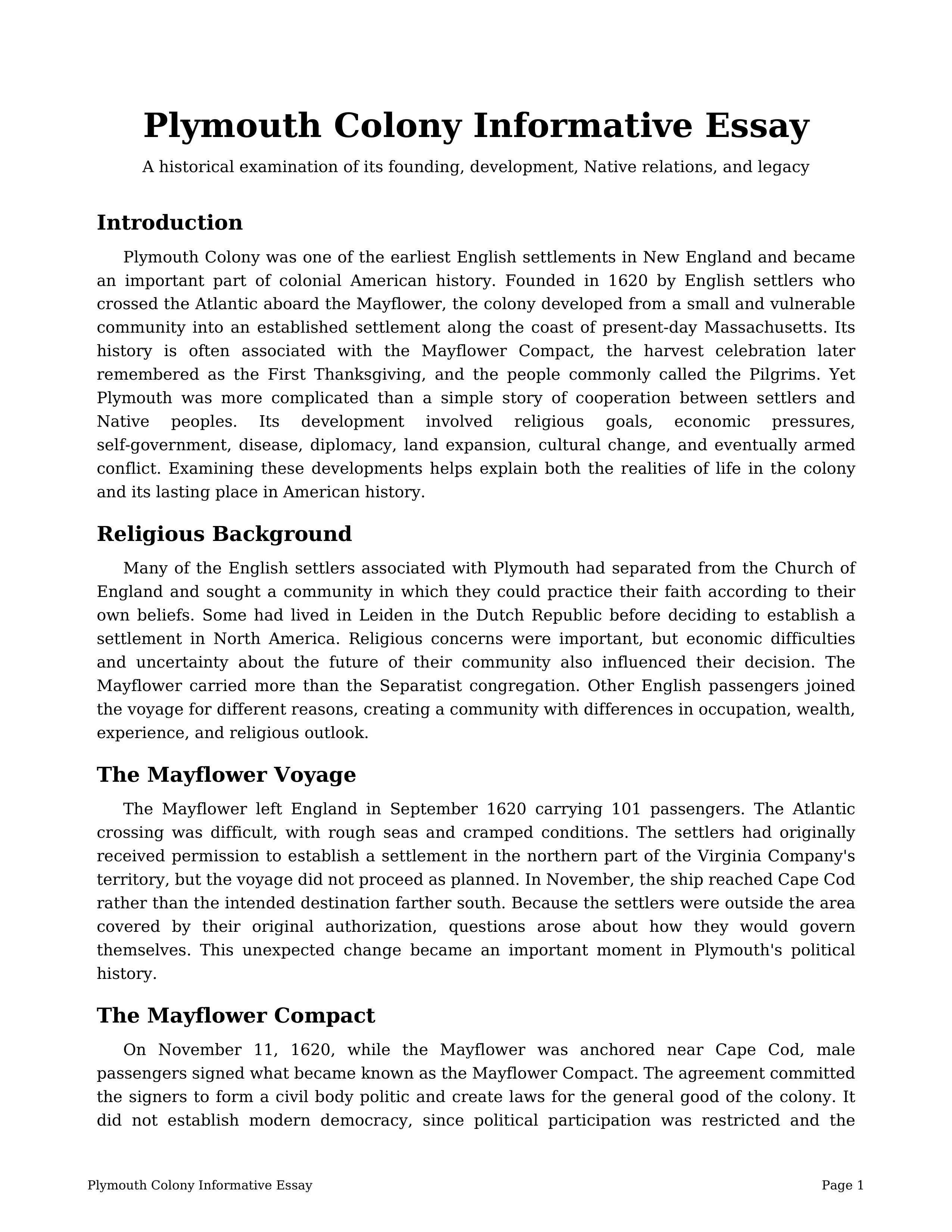 Plymouth Colony Informative Essay — page 1