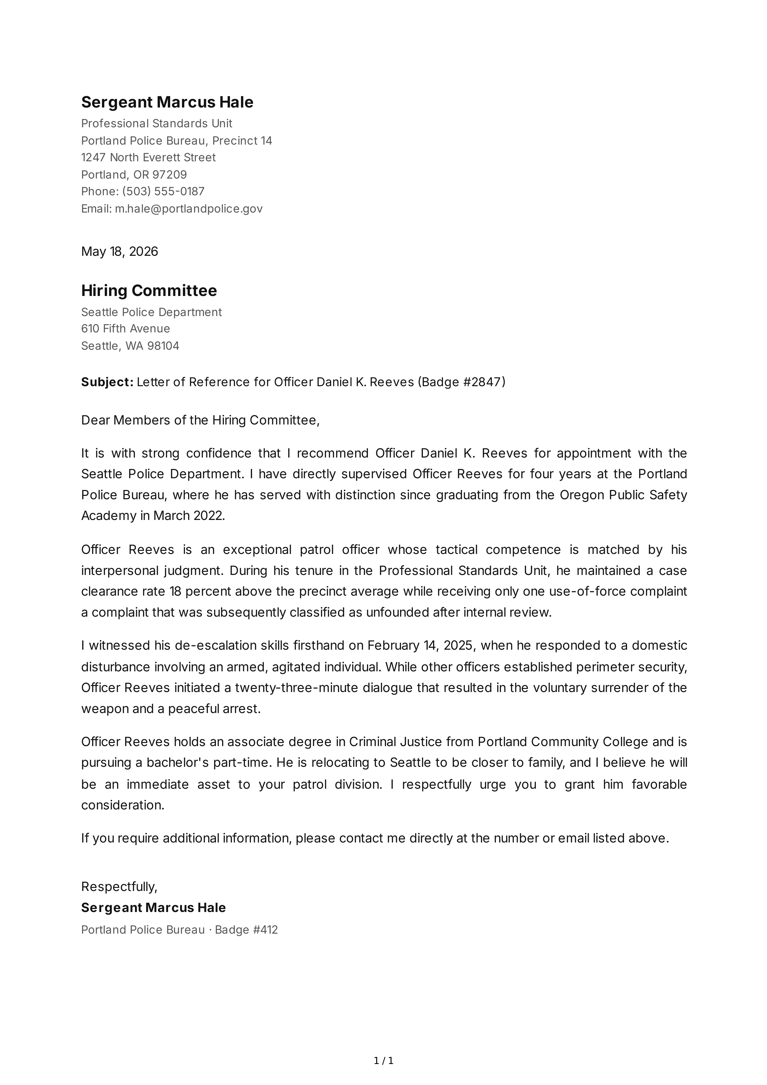 Police Officer Reference Letter — page 1