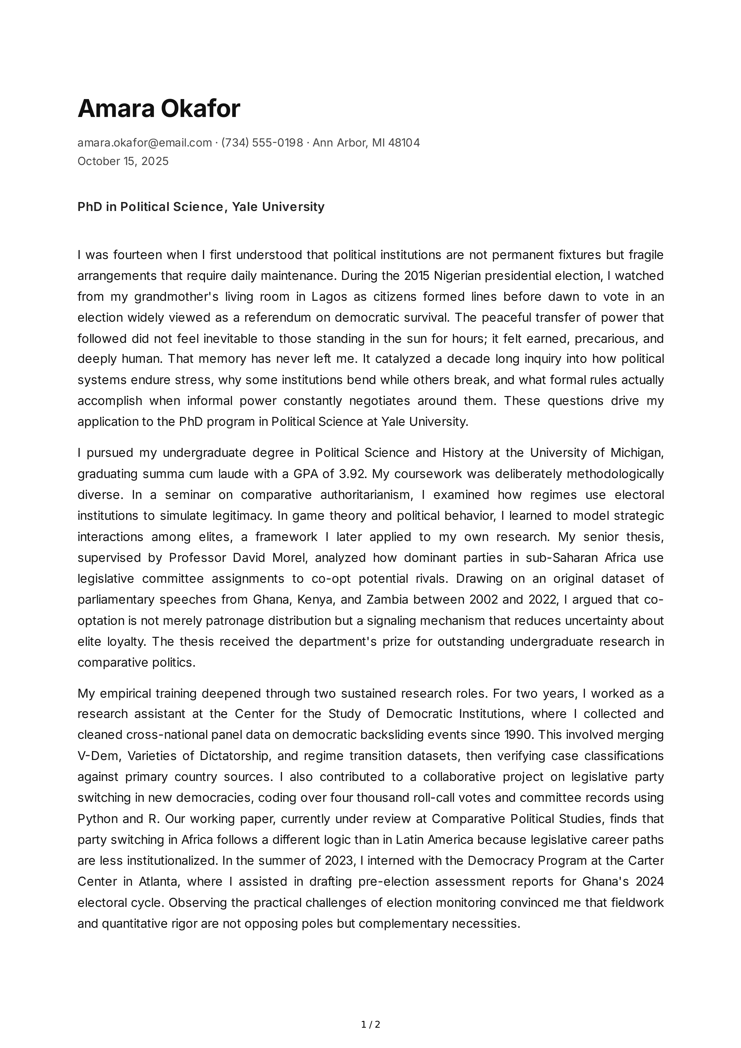 Political Science Personal Statement — page 1