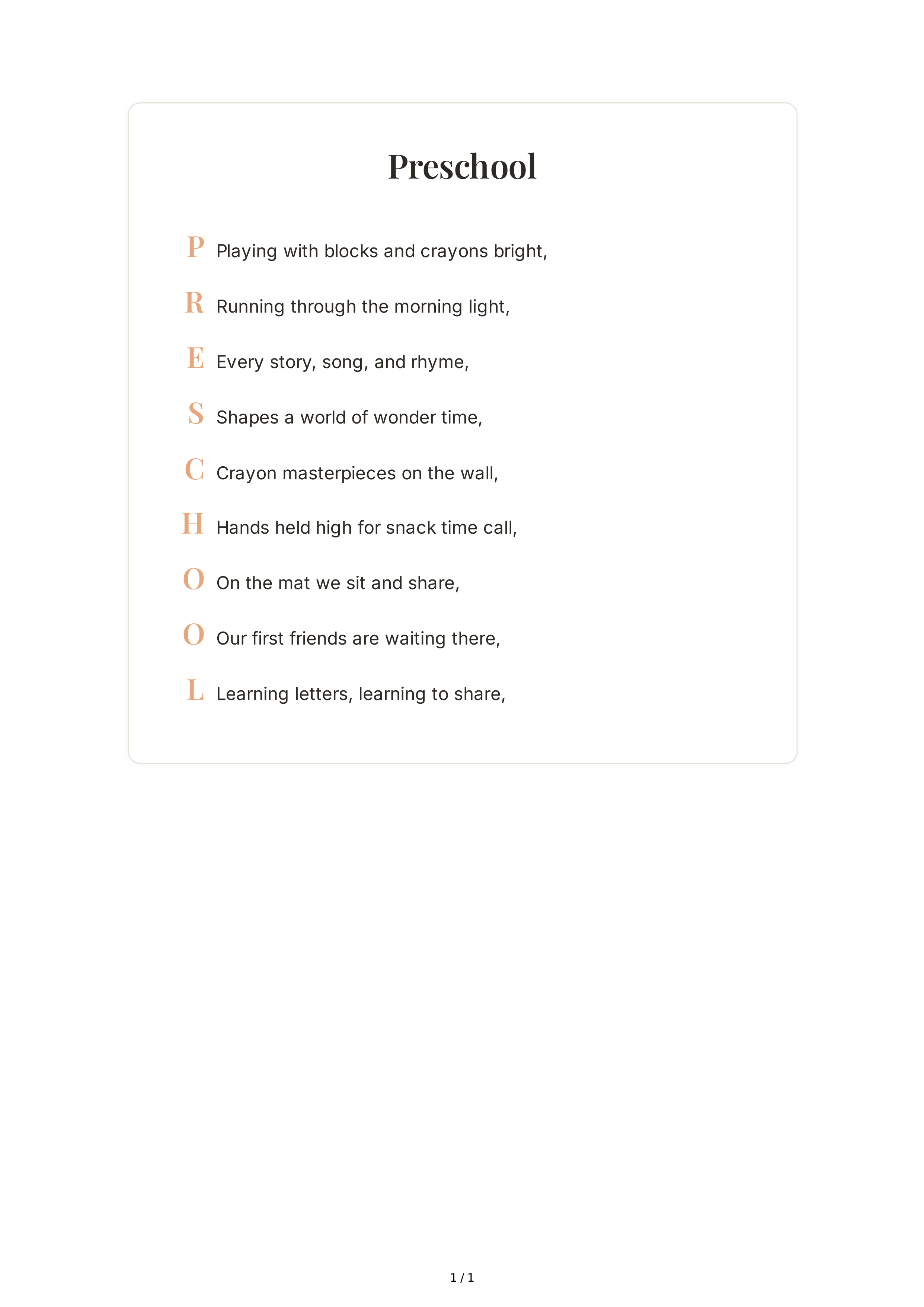 Preschool Acrostic Poem — page 1