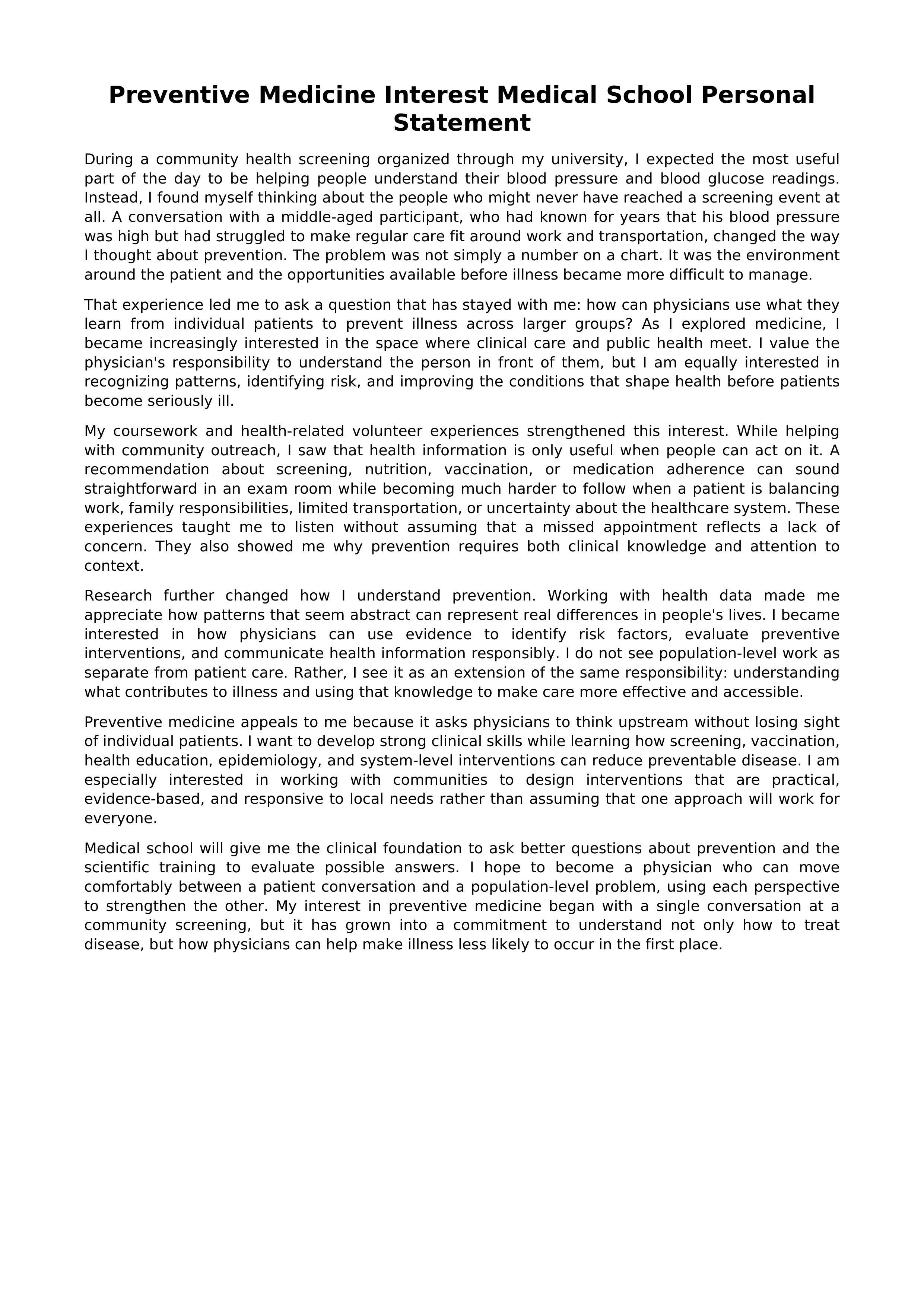 Preventive Medicine Interest Medical School Personal Statement — page 1
