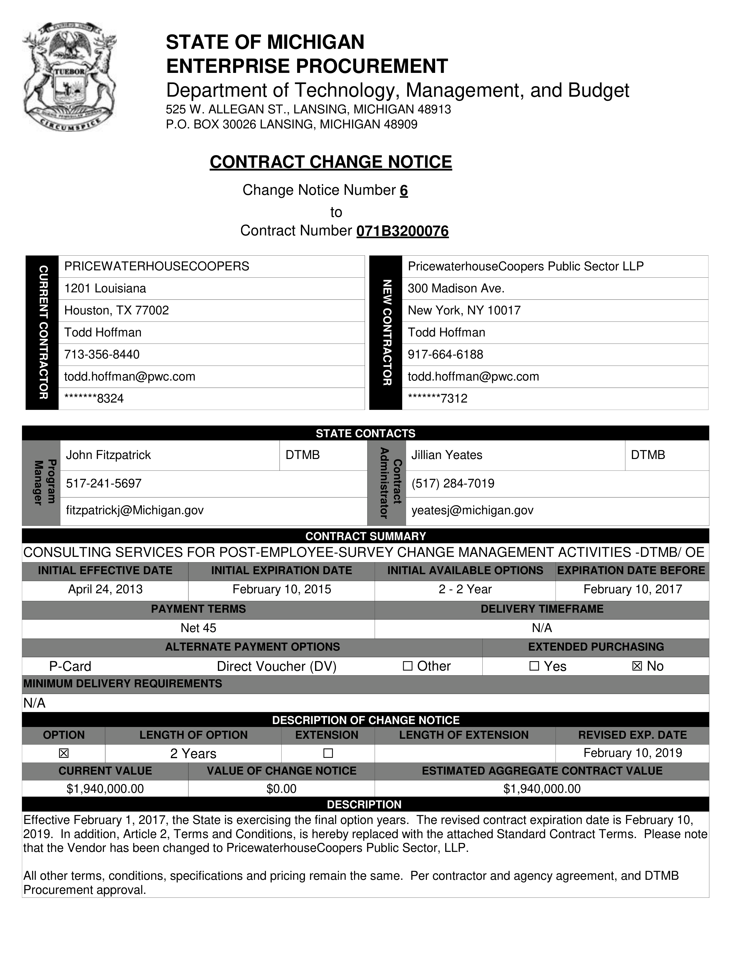 PricewaterhouseCoopers Contract Change Notice — page 1