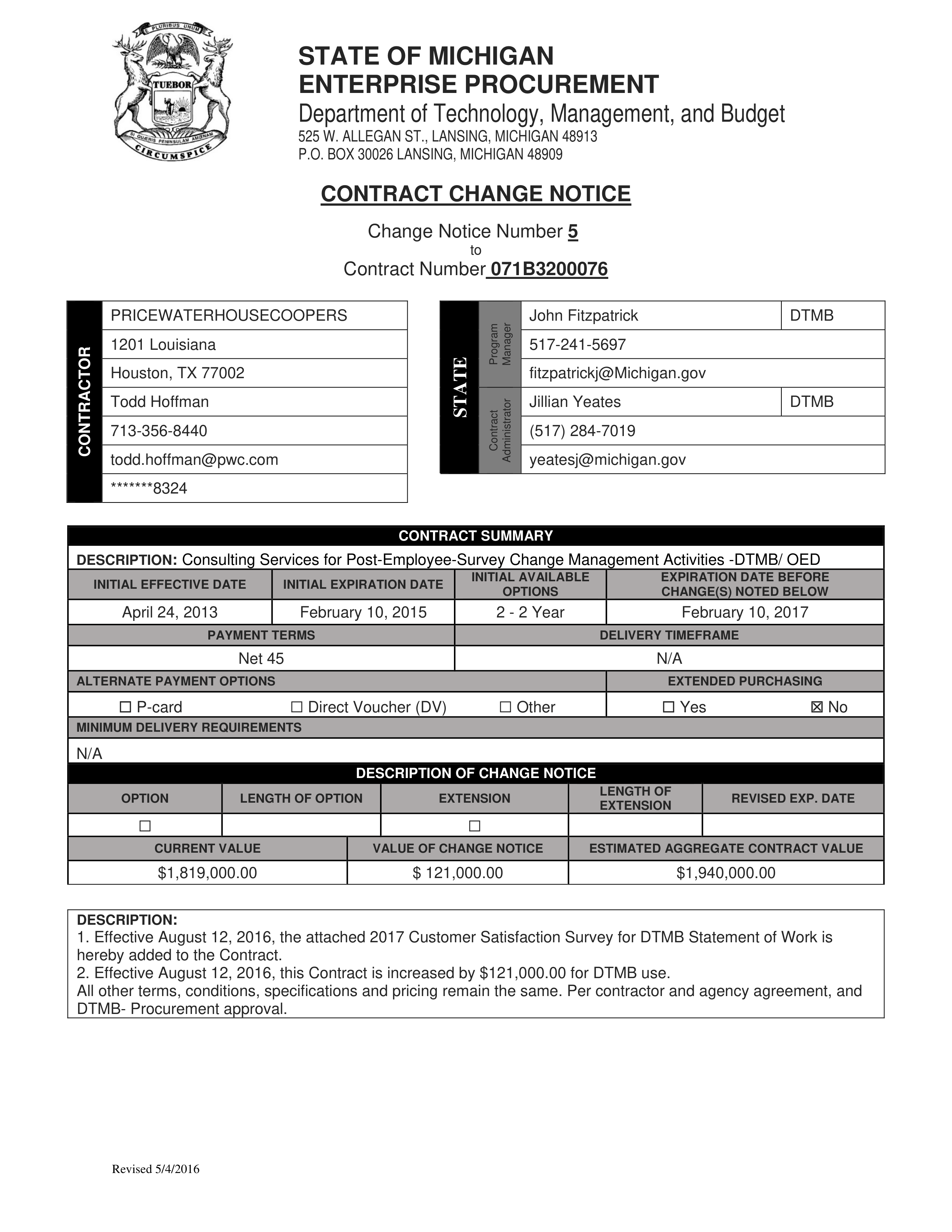 PricewaterhouseCoopers Contract Change Notice — page 18