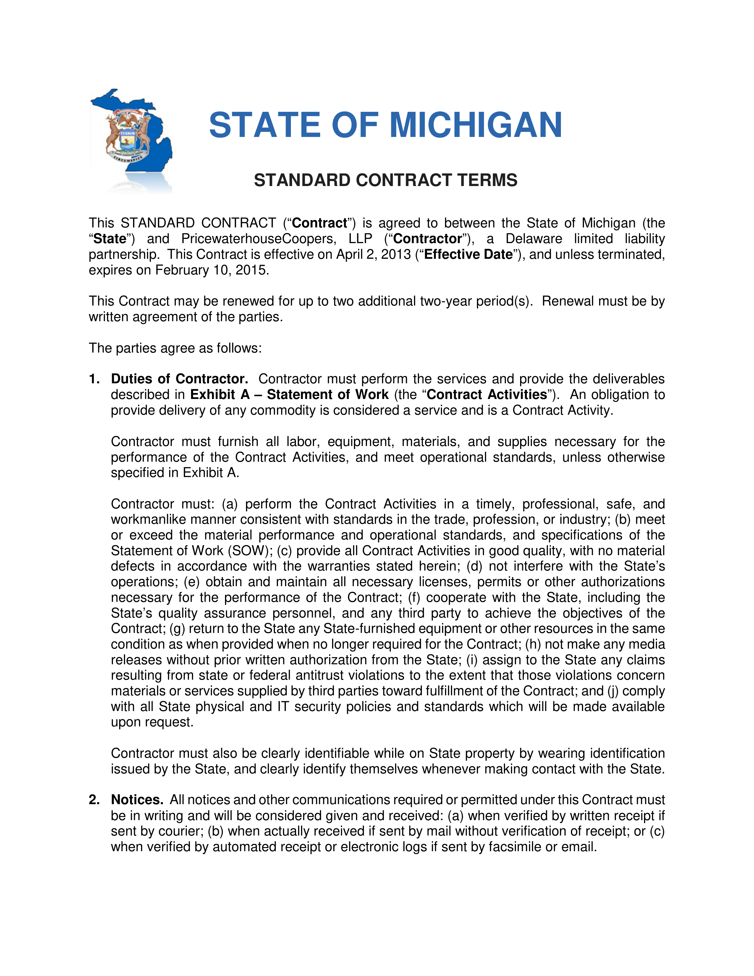 PricewaterhouseCoopers Contract Change Notice — page 2