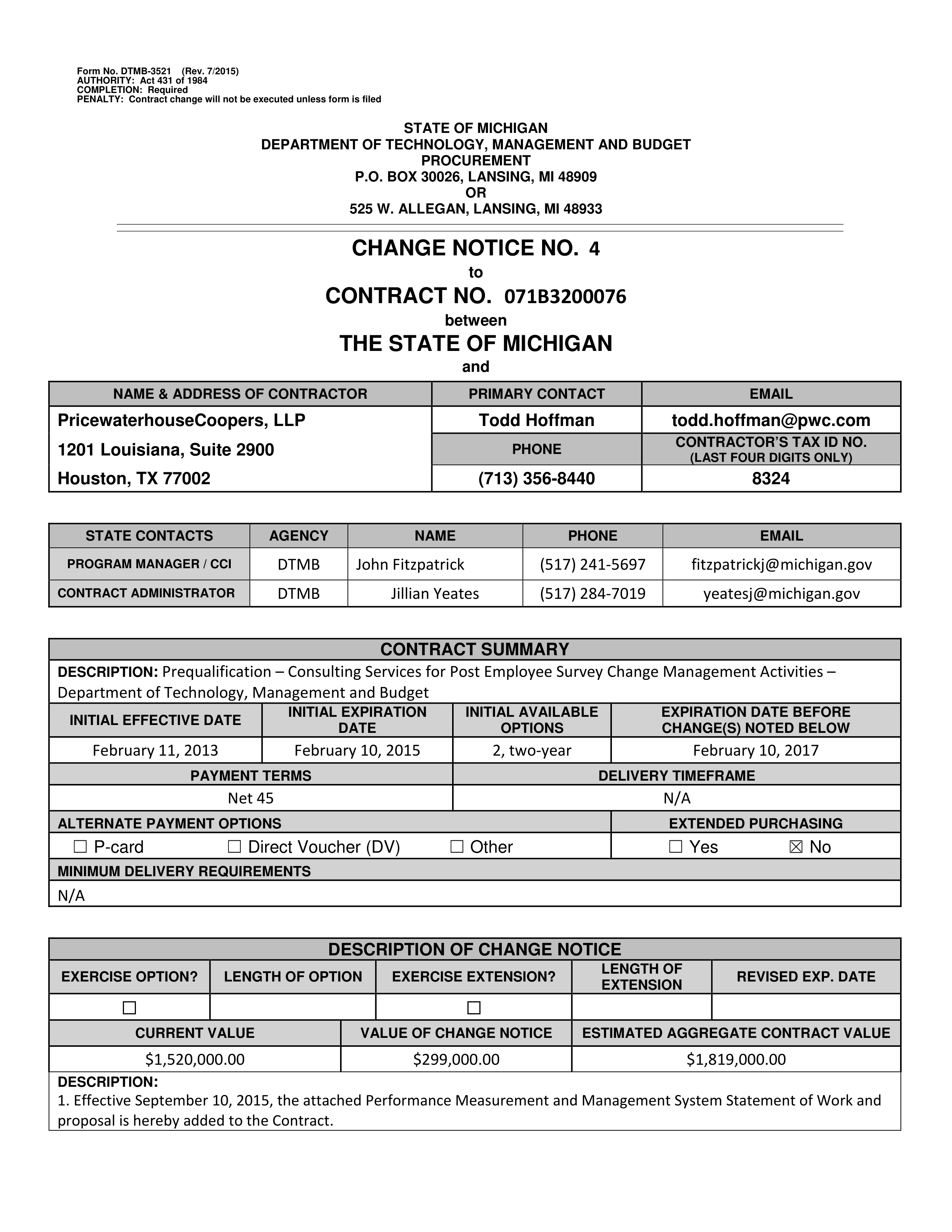 PricewaterhouseCoopers Contract Change Notice — page 26
