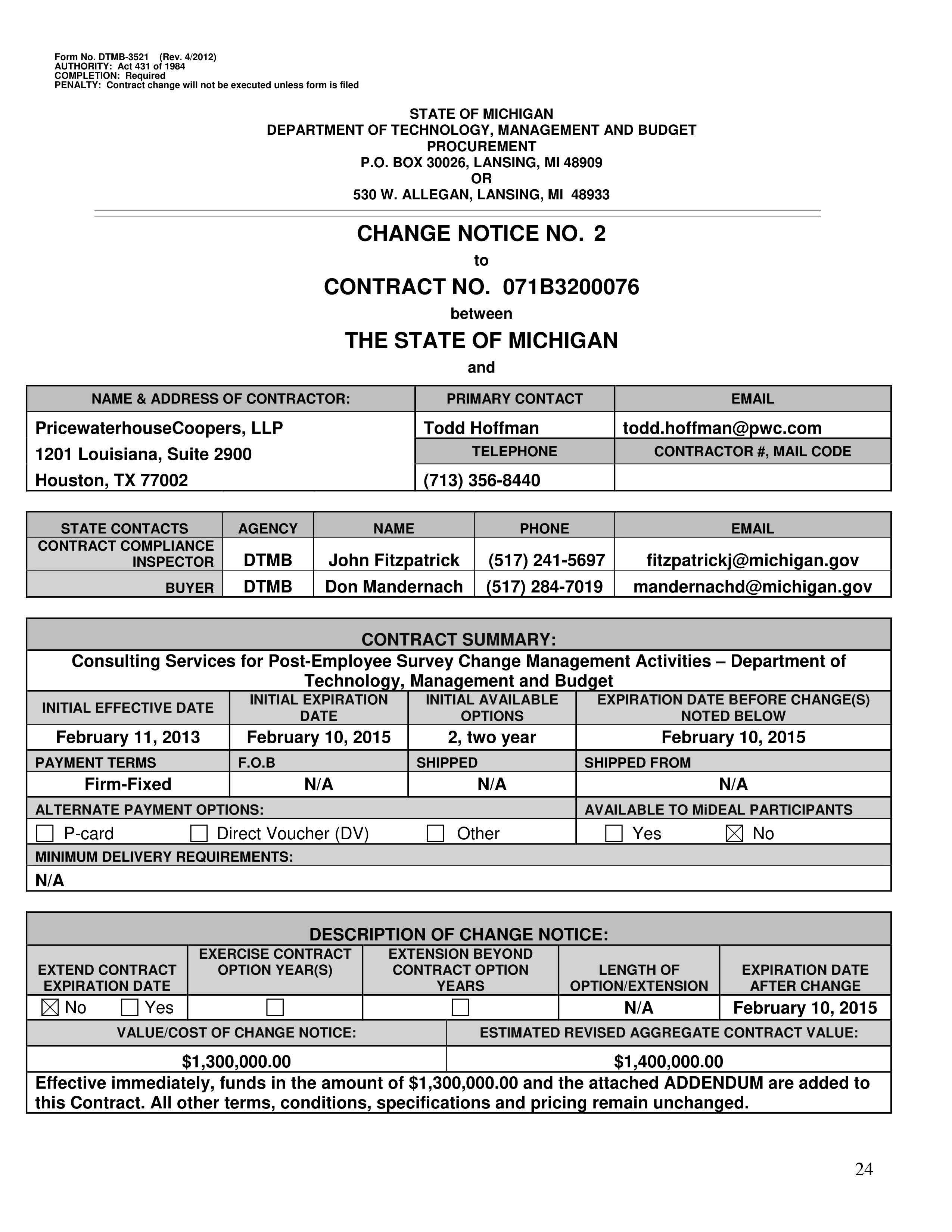 PricewaterhouseCoopers Contract Change Notice — page 60