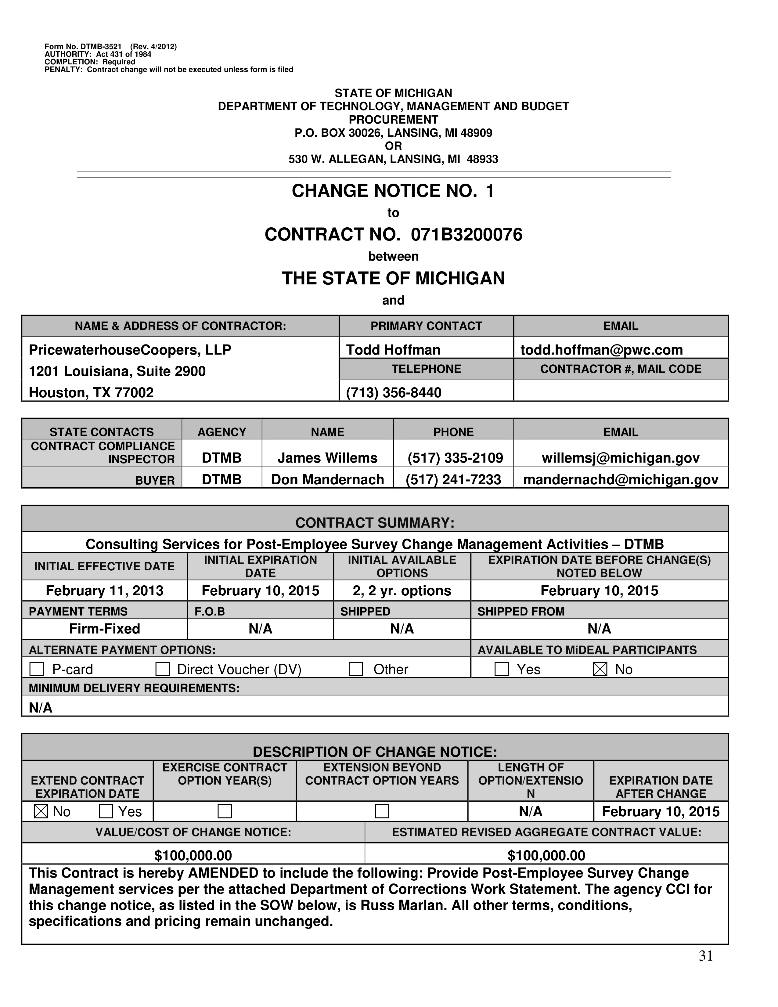 PricewaterhouseCoopers Contract Change Notice — page 67