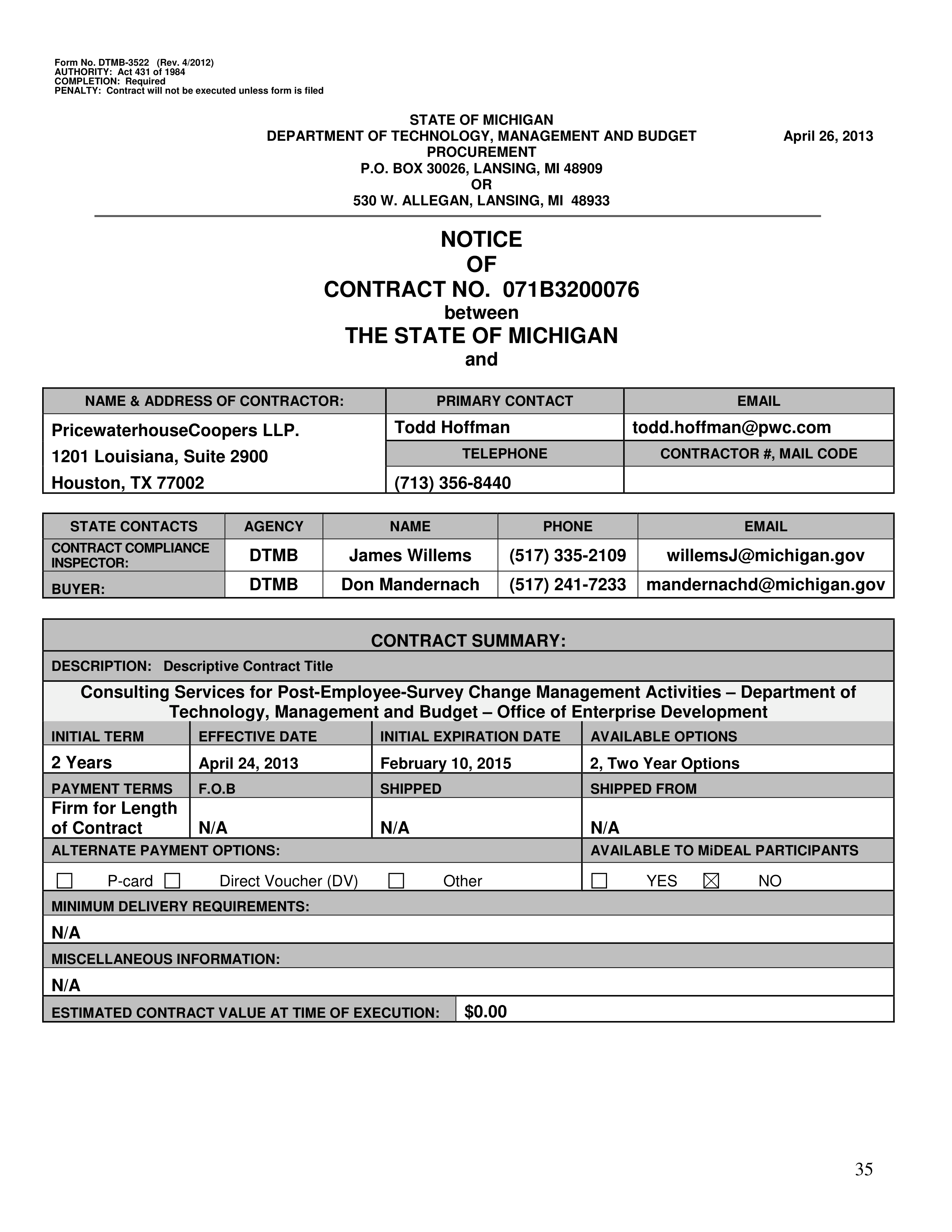 PricewaterhouseCoopers Contract Change Notice — page 71